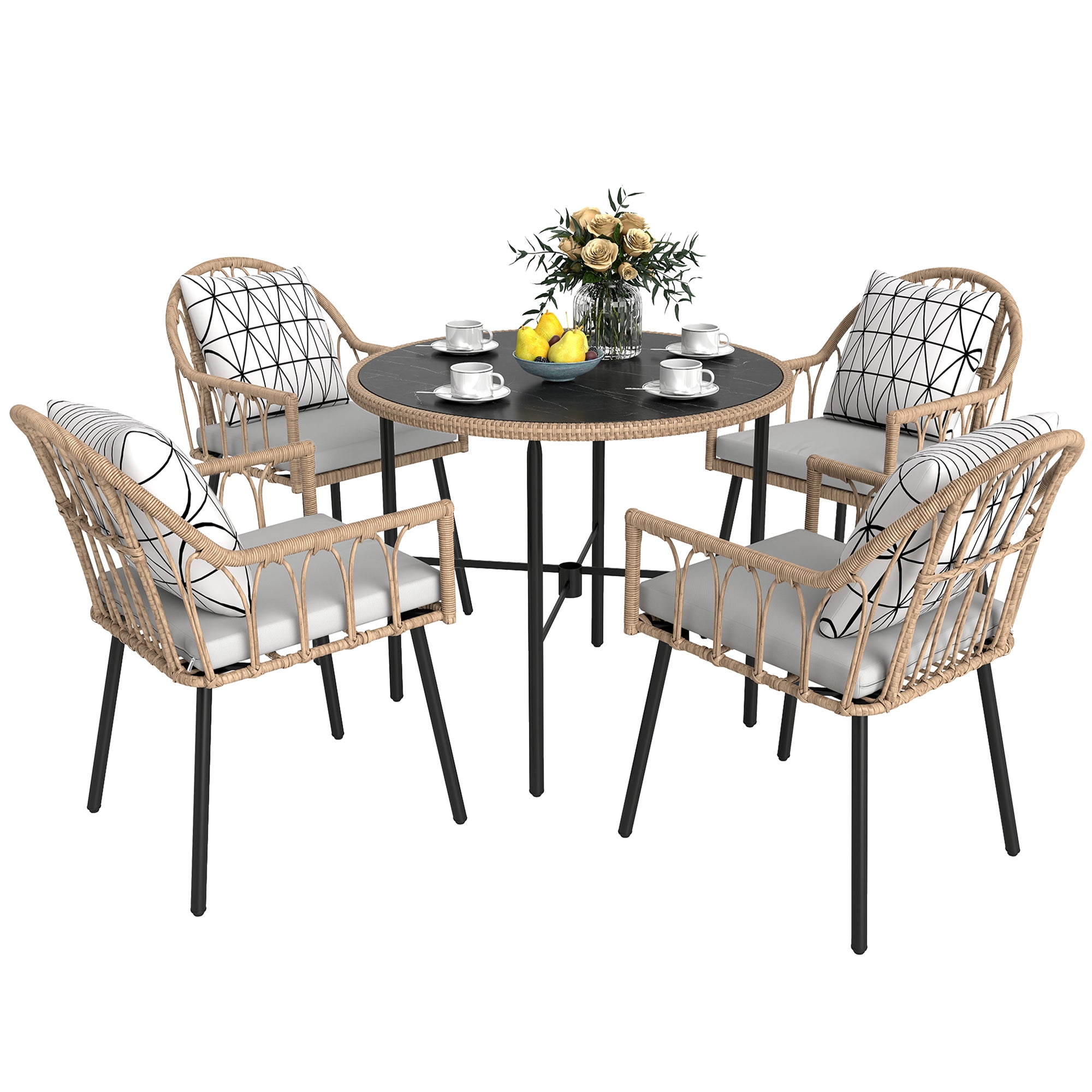 5 Piece Patio Rattan Dining Set, Wicker Garden Table and Chairs w/ Seat & Back Cushions, Round Tempered Glass Tabletop, Parasol Hole, Outdoor Furniture Conservatory Set, Light Brown