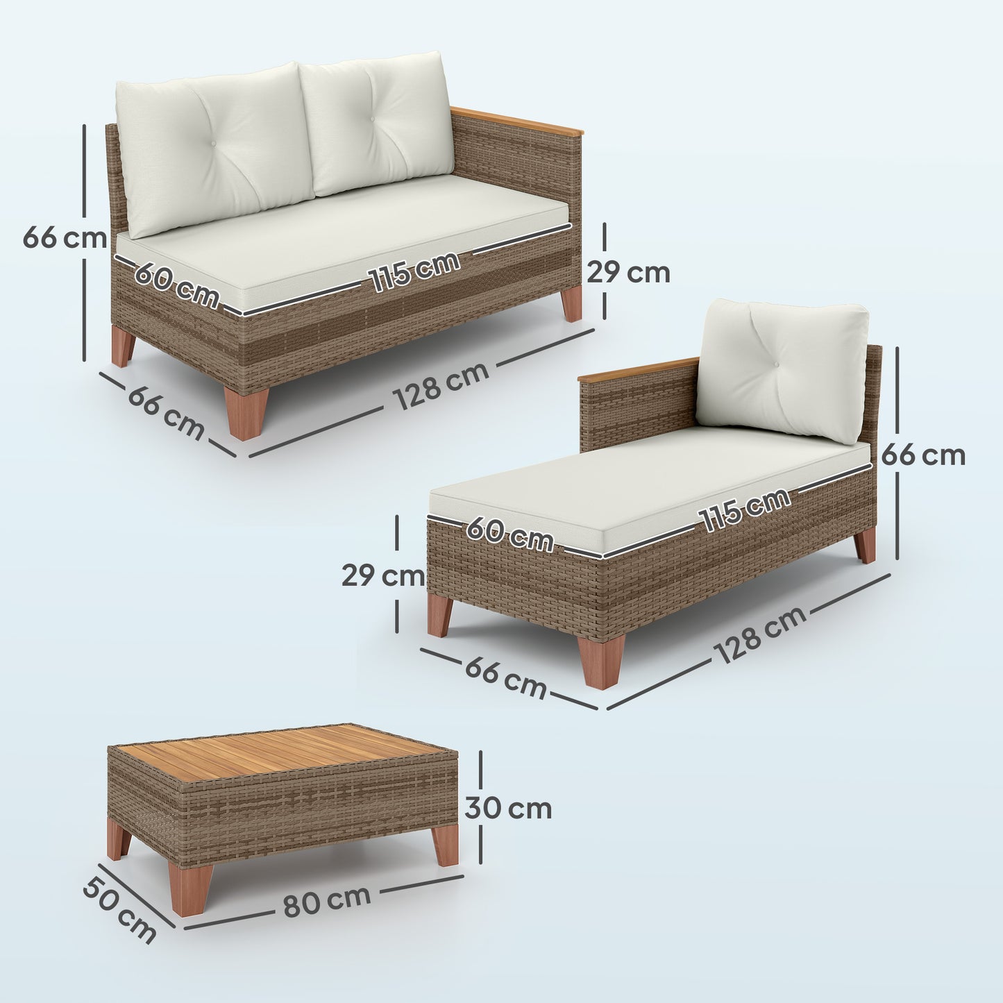 3 Pieces Rattan Garden Furniture Set, L Shaped Chaise with Wood Top Coffee Table and Thick Cushions