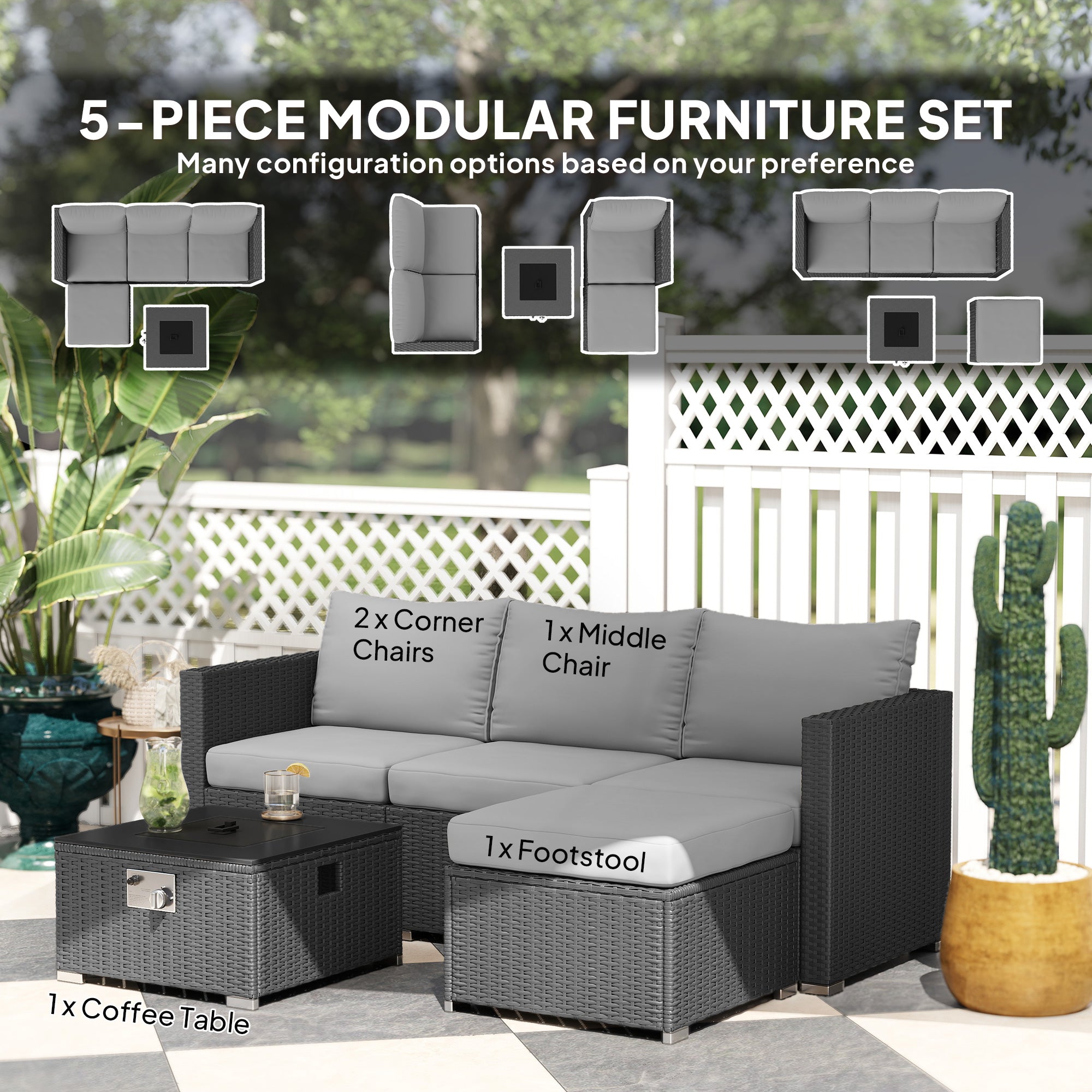 5 Piece Rattan Garden Furniture Set with Gas Fire Pit Table and Footstool - Grey