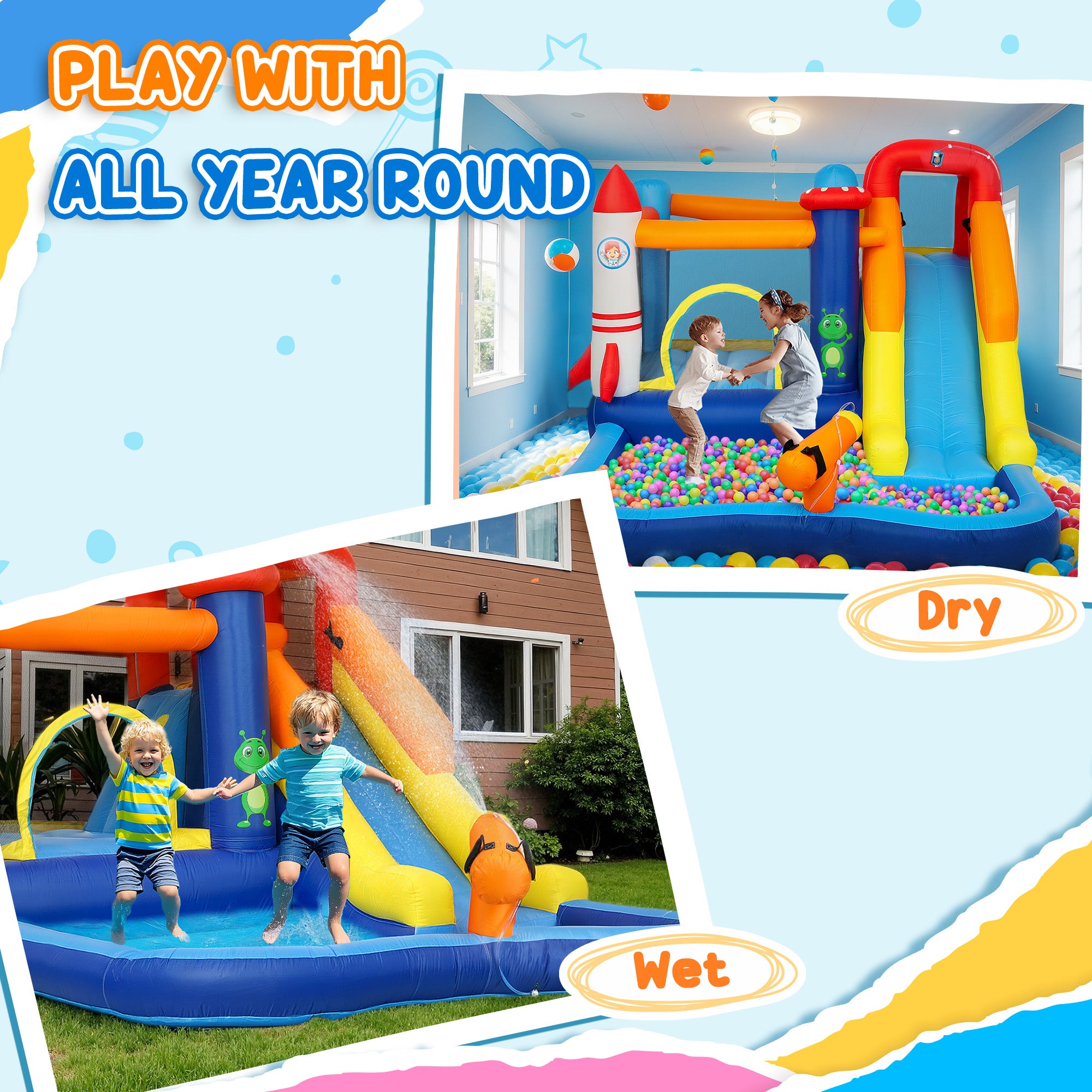 5 in 1 Bouncy Castle for Children with 550W Blower, Water Slide, Splash Pool, Jumping Area.