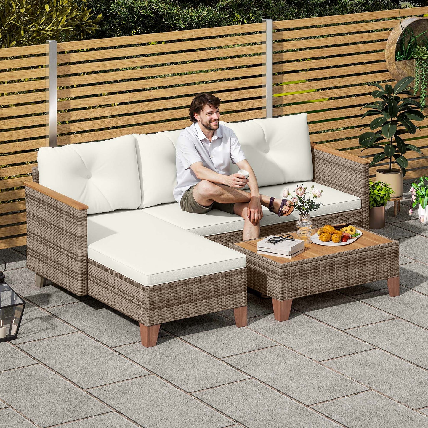 3 Pieces Rattan Garden Furniture Set, L Shaped Chaise with Wood Top Coffee Table and Thick Cushions