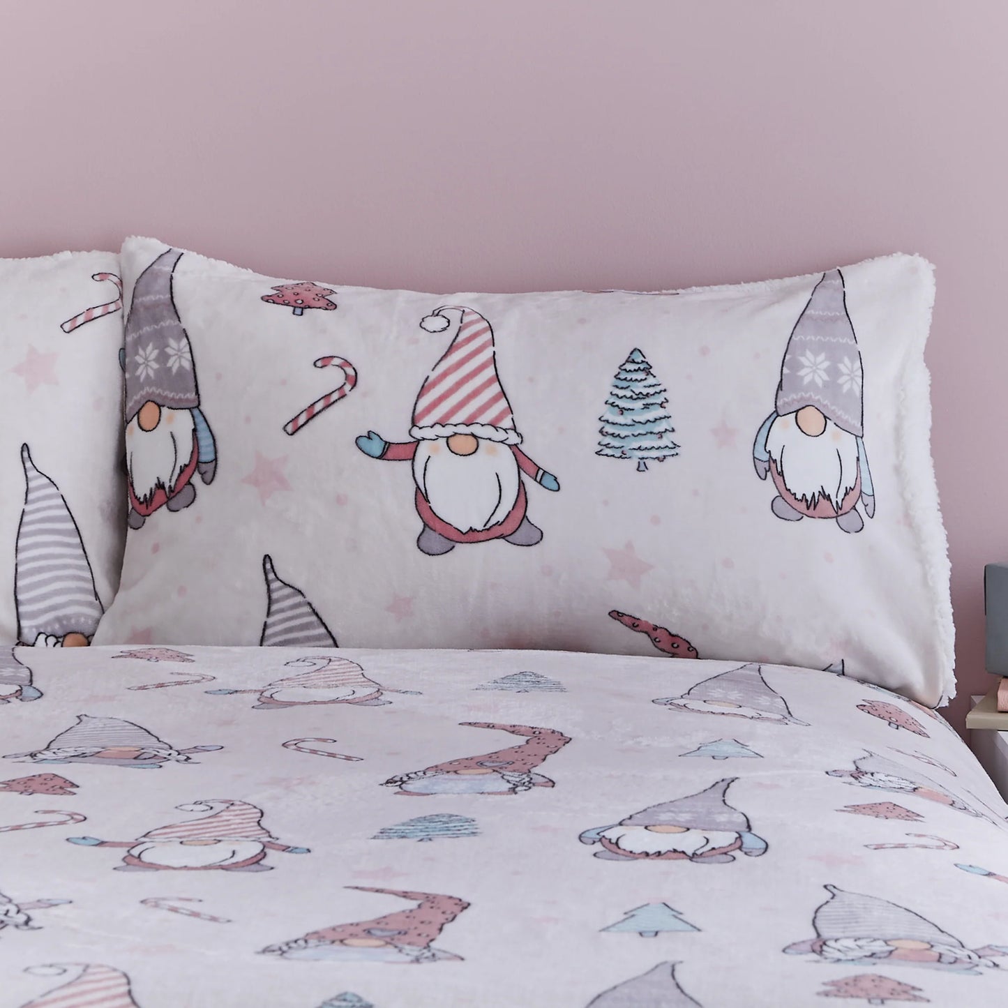 Christmas Festive Gnomes Cosy Fleece Duvet Cover Set in Pink by Catherine Lansfield