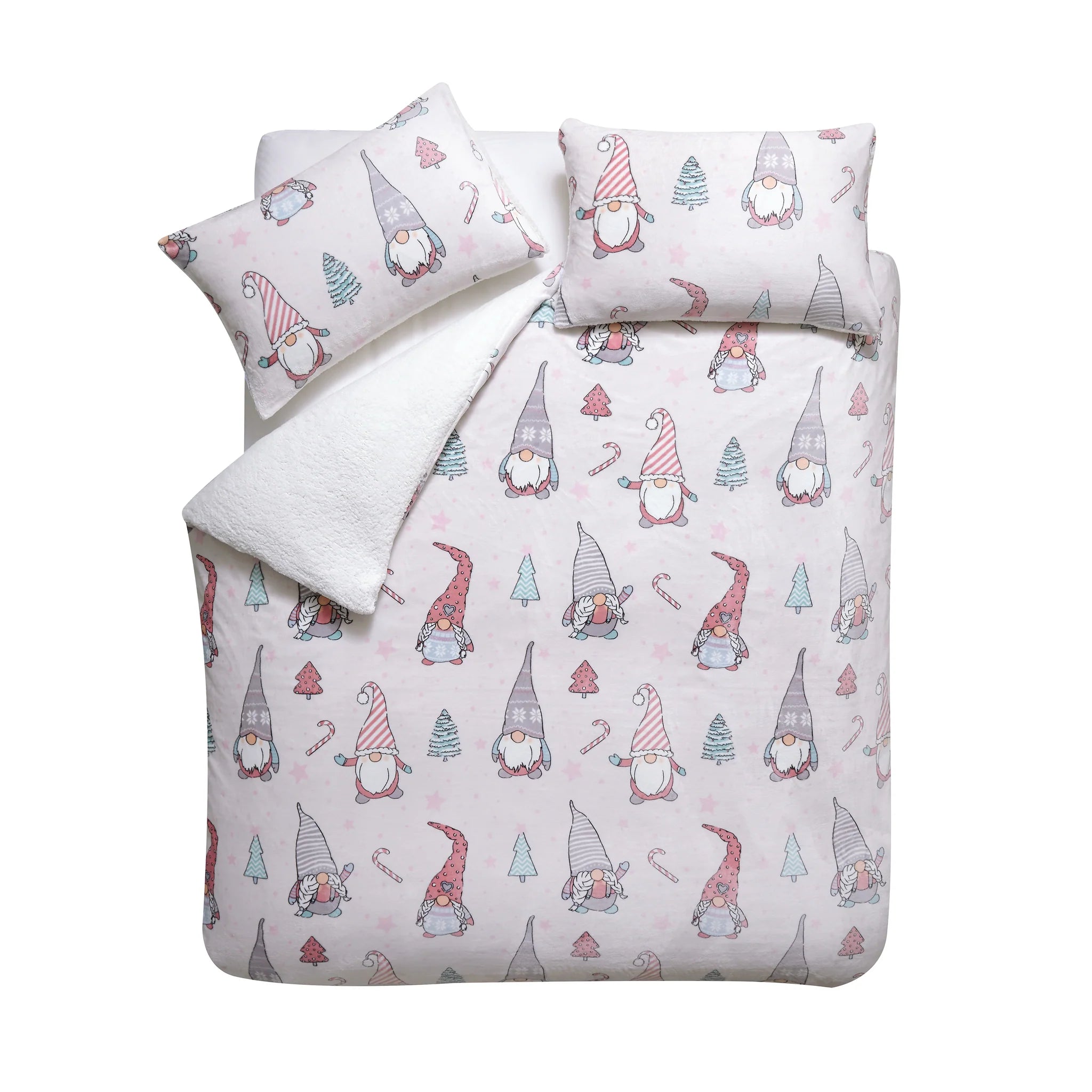 Christmas Festive Gnomes Cosy Fleece Duvet Cover Set in Pink by Catherine Lansfield