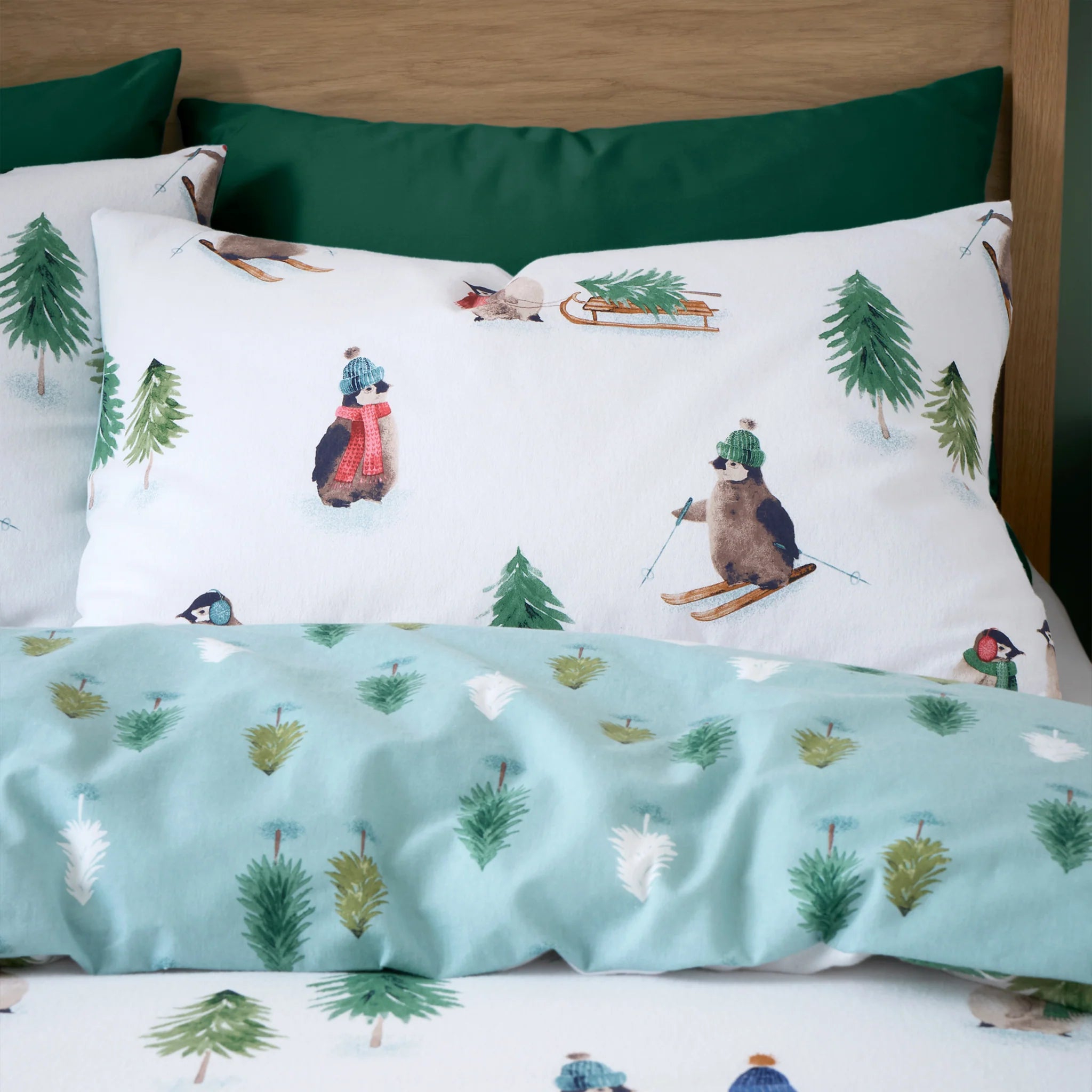 Brushed Snowy Penguin Cotton Reversible Duvet Cover Set in White 100% Cotton