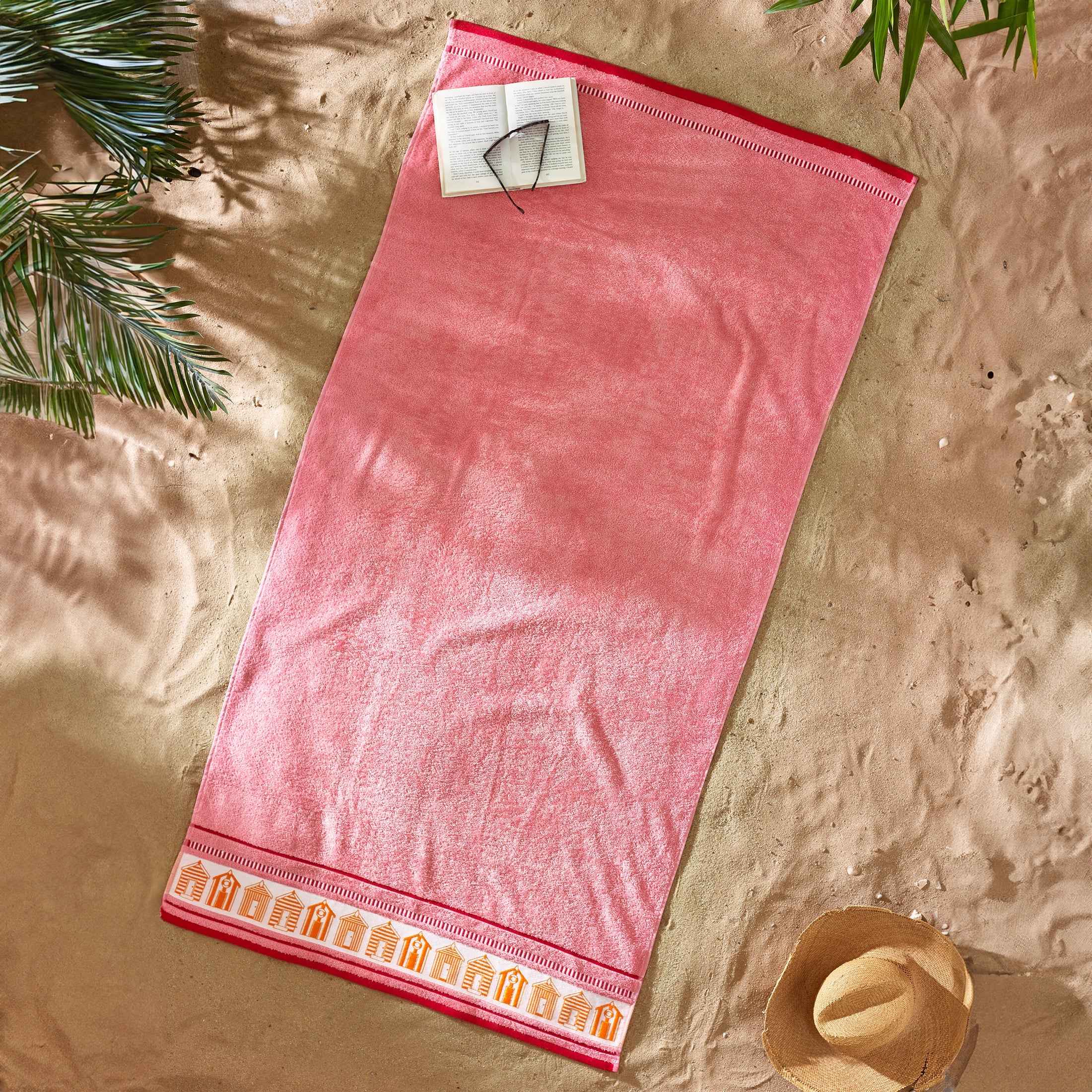 Beach Huts Cotton XL Beach Towel in Coral by Catherine Lansfield