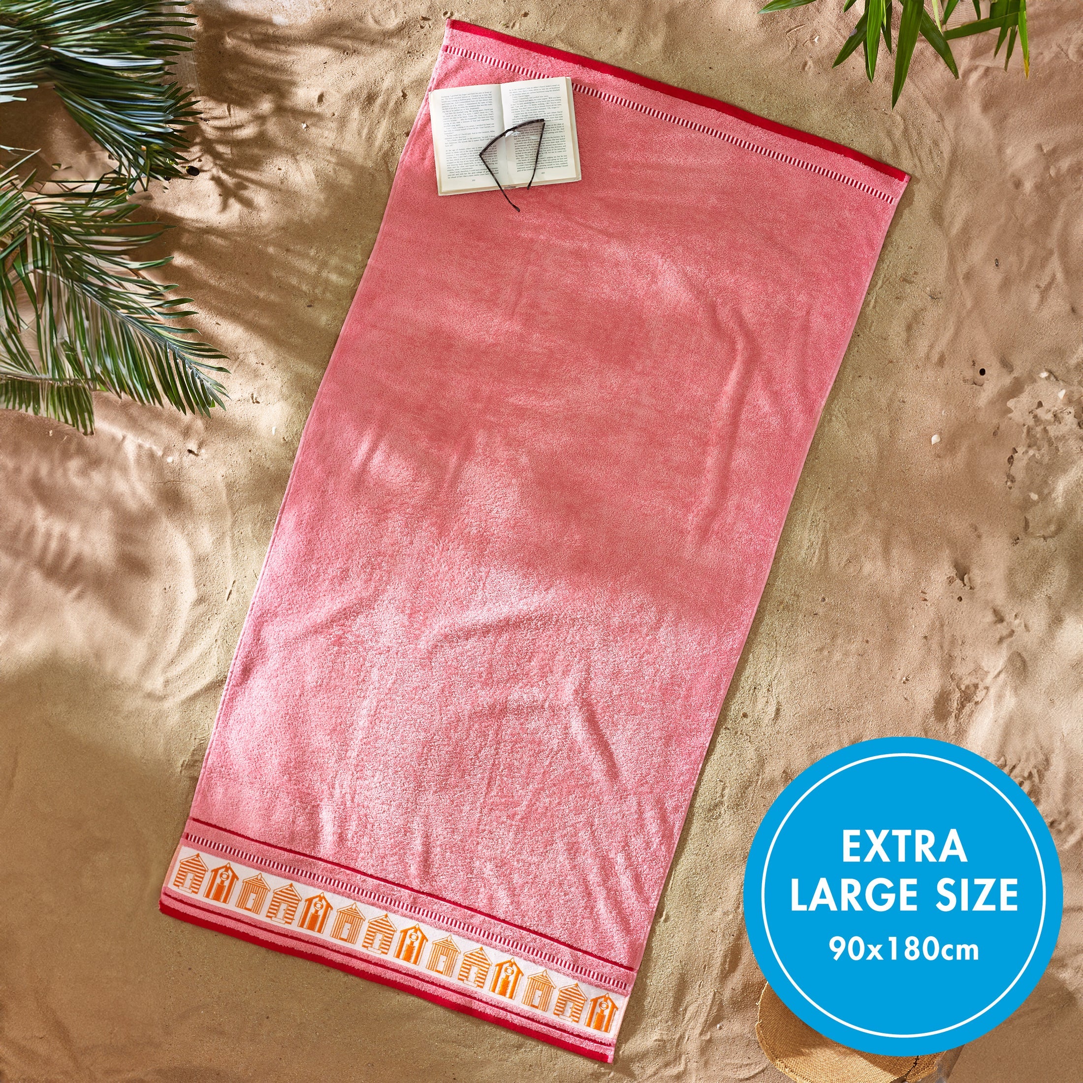 Beach Huts Cotton XL Beach Towel in Coral by Catherine Lansfield