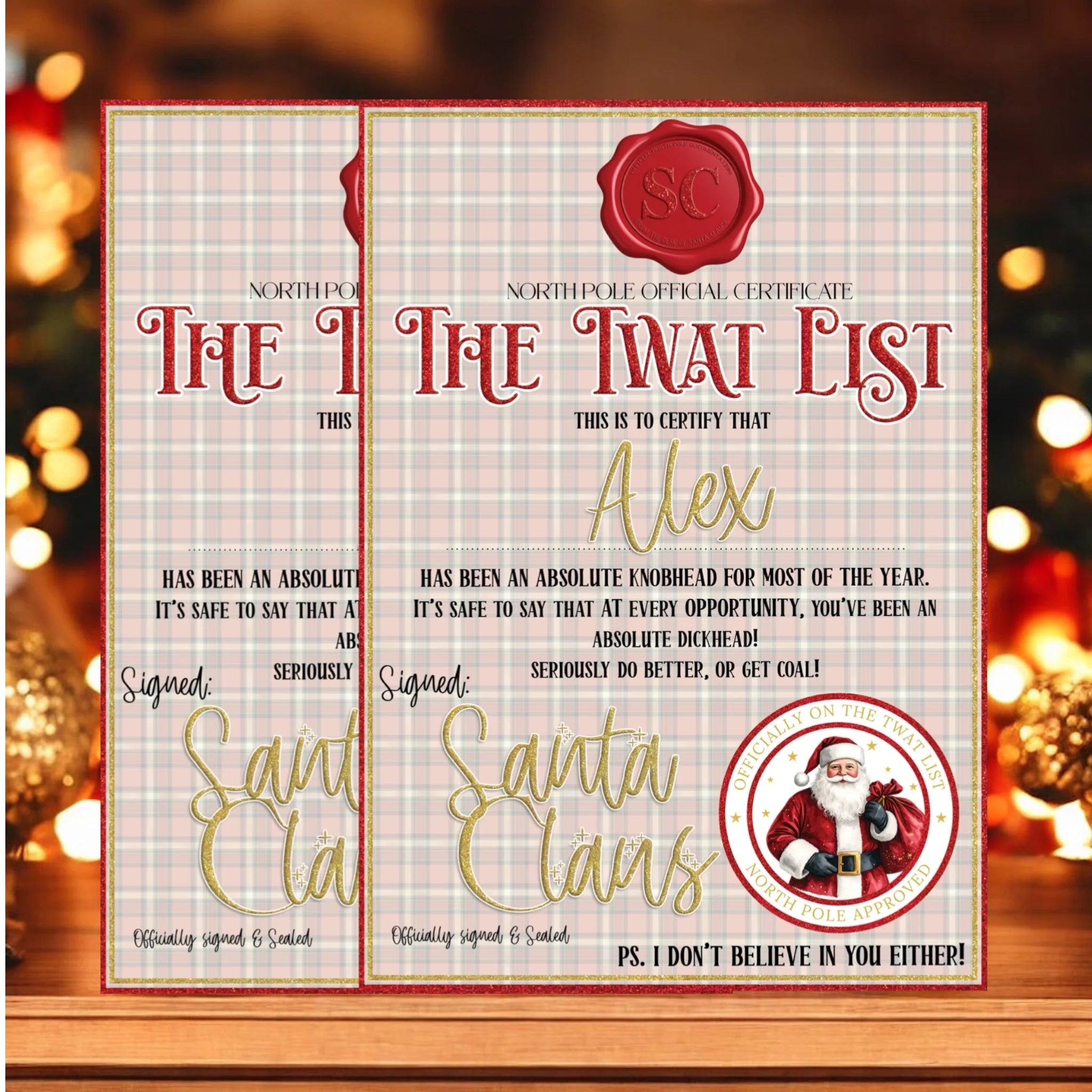 Personalised Tartan Tw@t List Certificate & Matching Envelope
