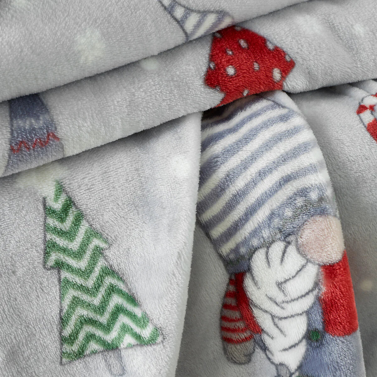 Christmas Festive Gnomes Cosy Fleece Blanket Throw in Red and Grey