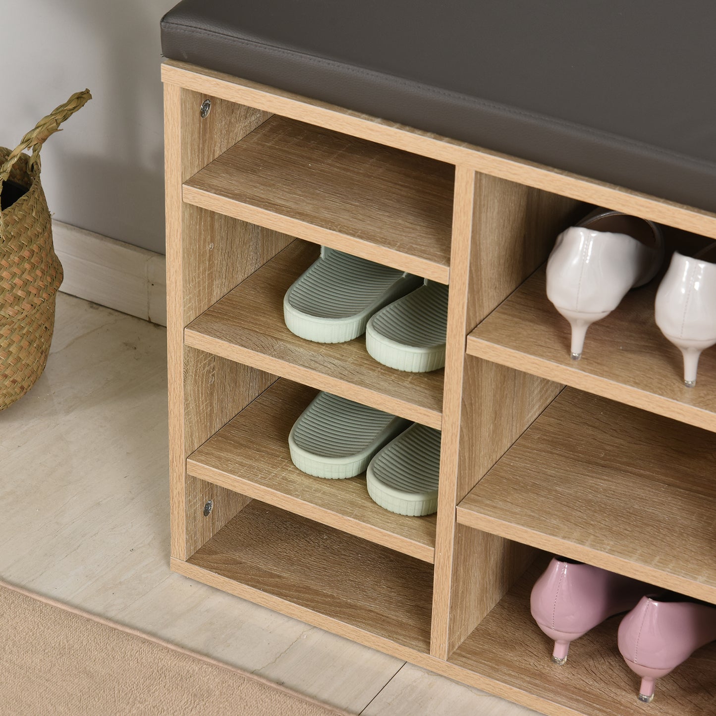 Multi-Storage Shoe Rack w/ 14 Compartments & Cushion