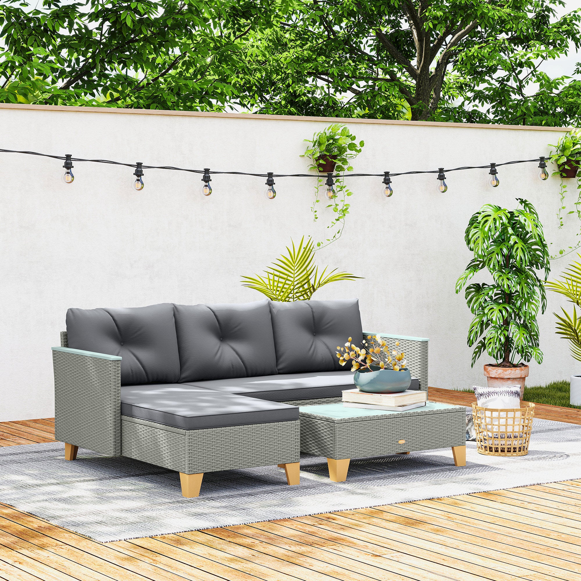3 Pieces Rattan Garden Furniture Set, L Shaped Chaise with Wood Top Coffee Table and Thick Cushions