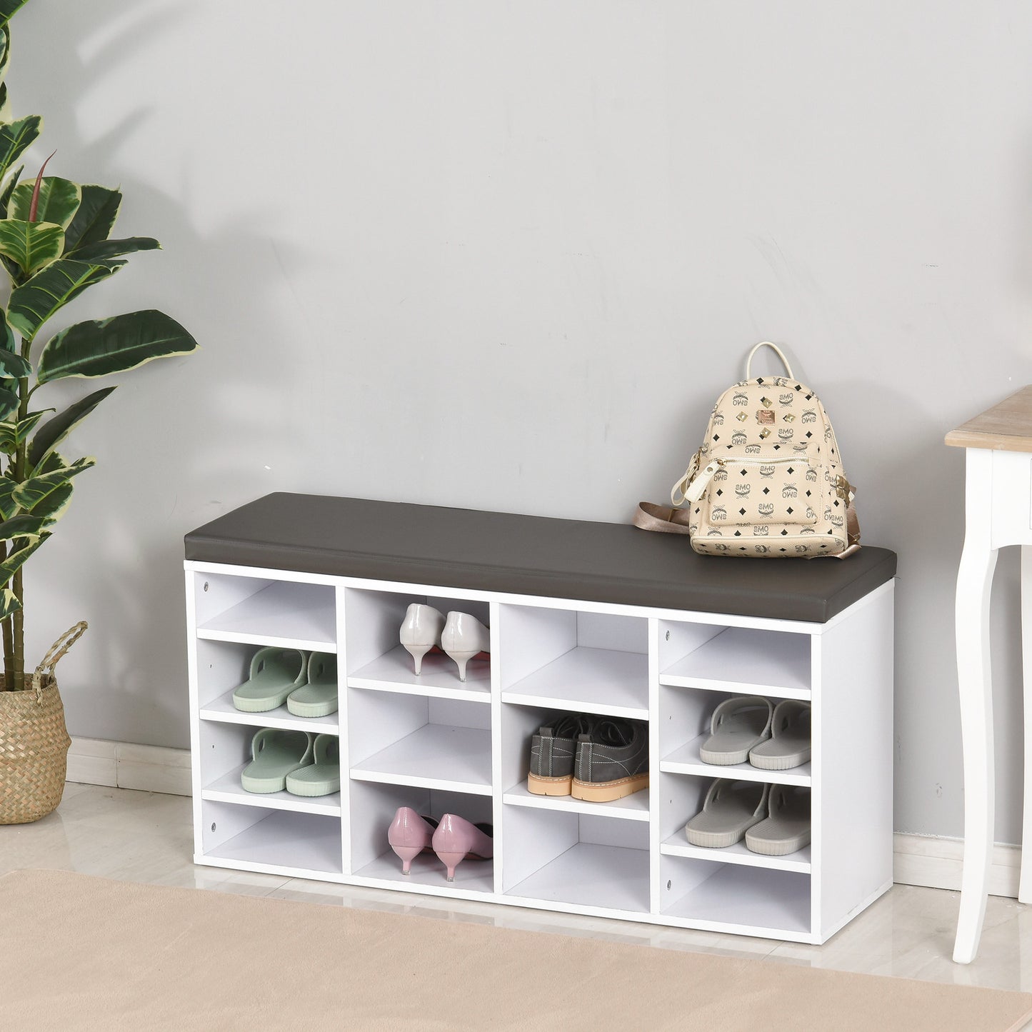 Multi-Storage Shoe Rack w/ 14 Compartments & Cushion