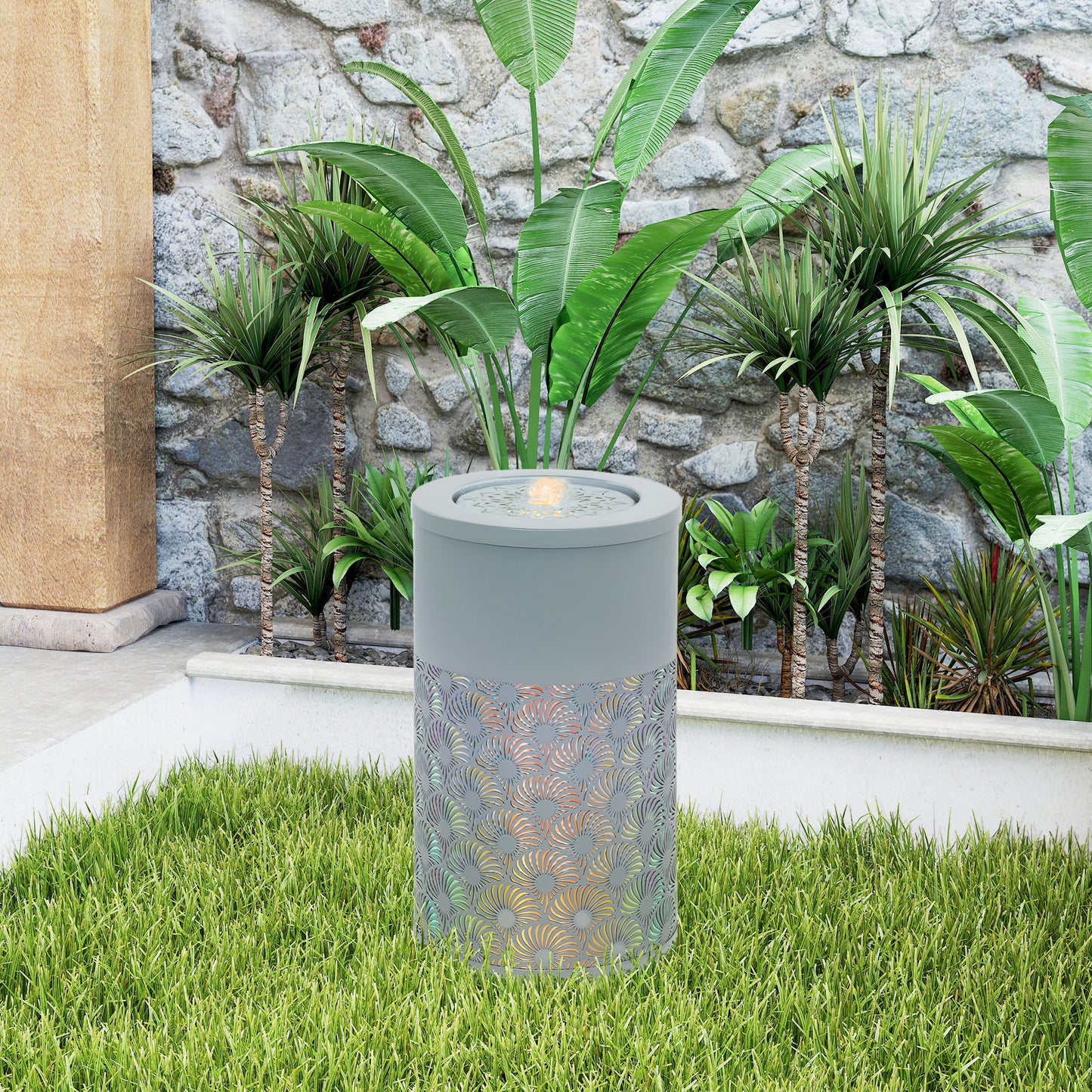 30cm Tall Waterfall Fountain with LED Lights and Pump, Adjustable Flow and Cut-out Design for Indoor & Outdoor use - Light Grey
