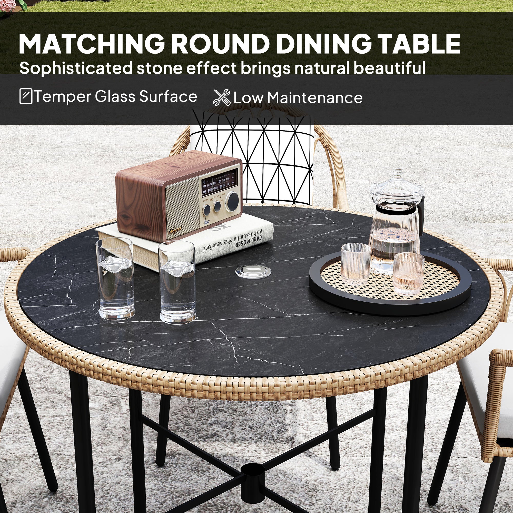 5 Piece Patio Rattan Dining Set, Wicker Garden Table and Chairs w/ Seat & Back Cushions, Round Tempered Glass Tabletop, Parasol Hole, Outdoor Furniture Conservatory Set, Light Brown
