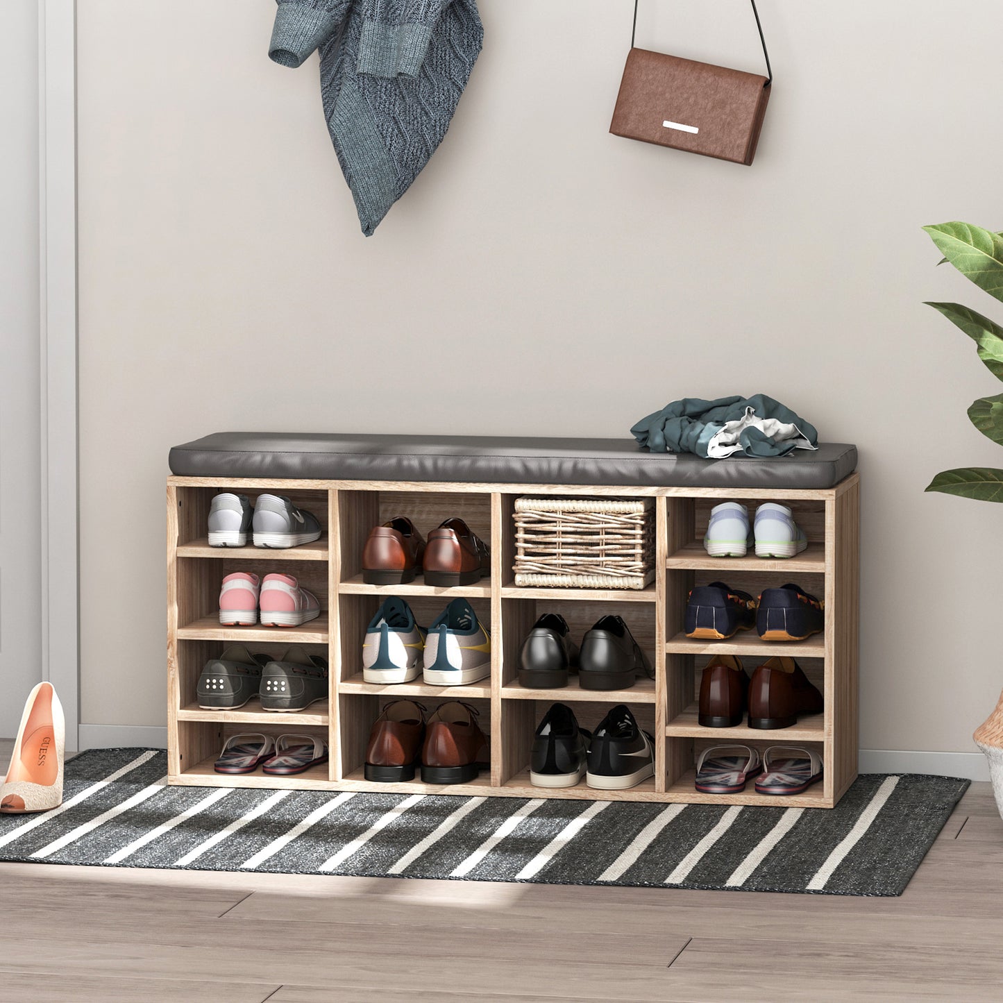 Multi-Storage Shoe Rack w/ 14 Compartments & Cushion
