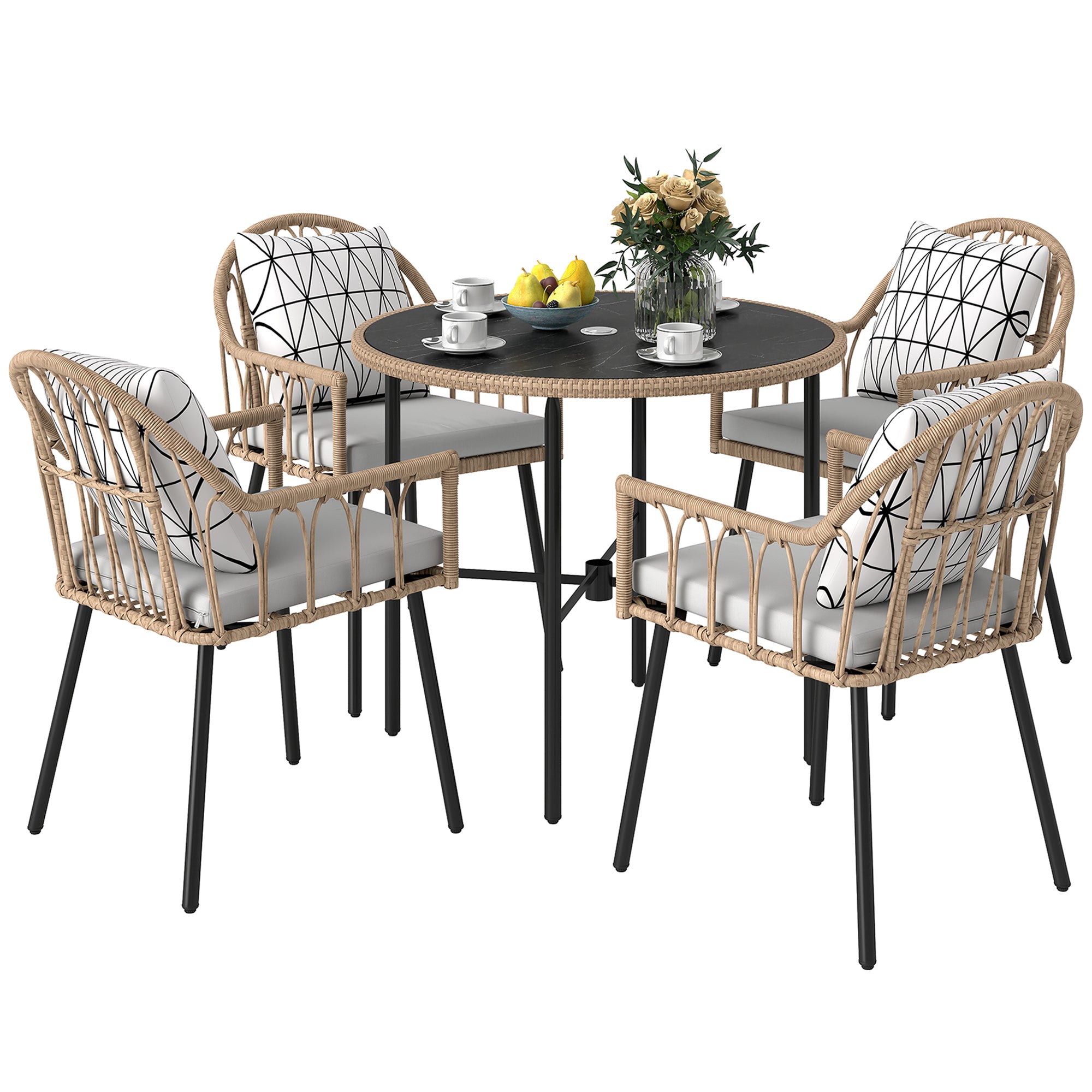 5 Piece Patio Rattan Dining Set, Wicker Garden Table and Chairs w/ Seat & Back Cushions, Round Tempered Glass Tabletop, Parasol Hole, Outdoor Furniture Conservatory Set, Light Brown