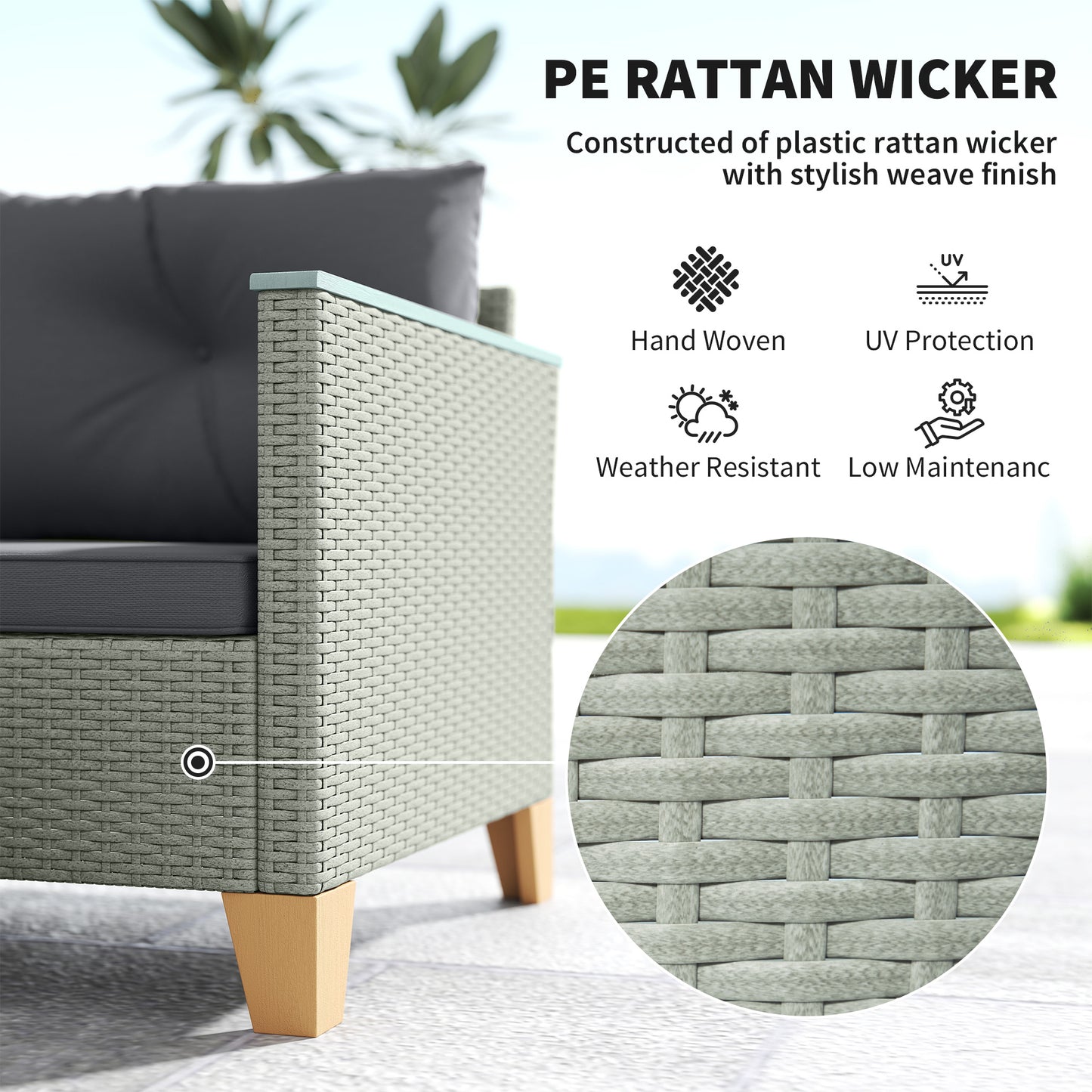 3 Pieces Rattan Garden Furniture Set, L Shaped Chaise with Wood Top Coffee Table and Thick Cushions