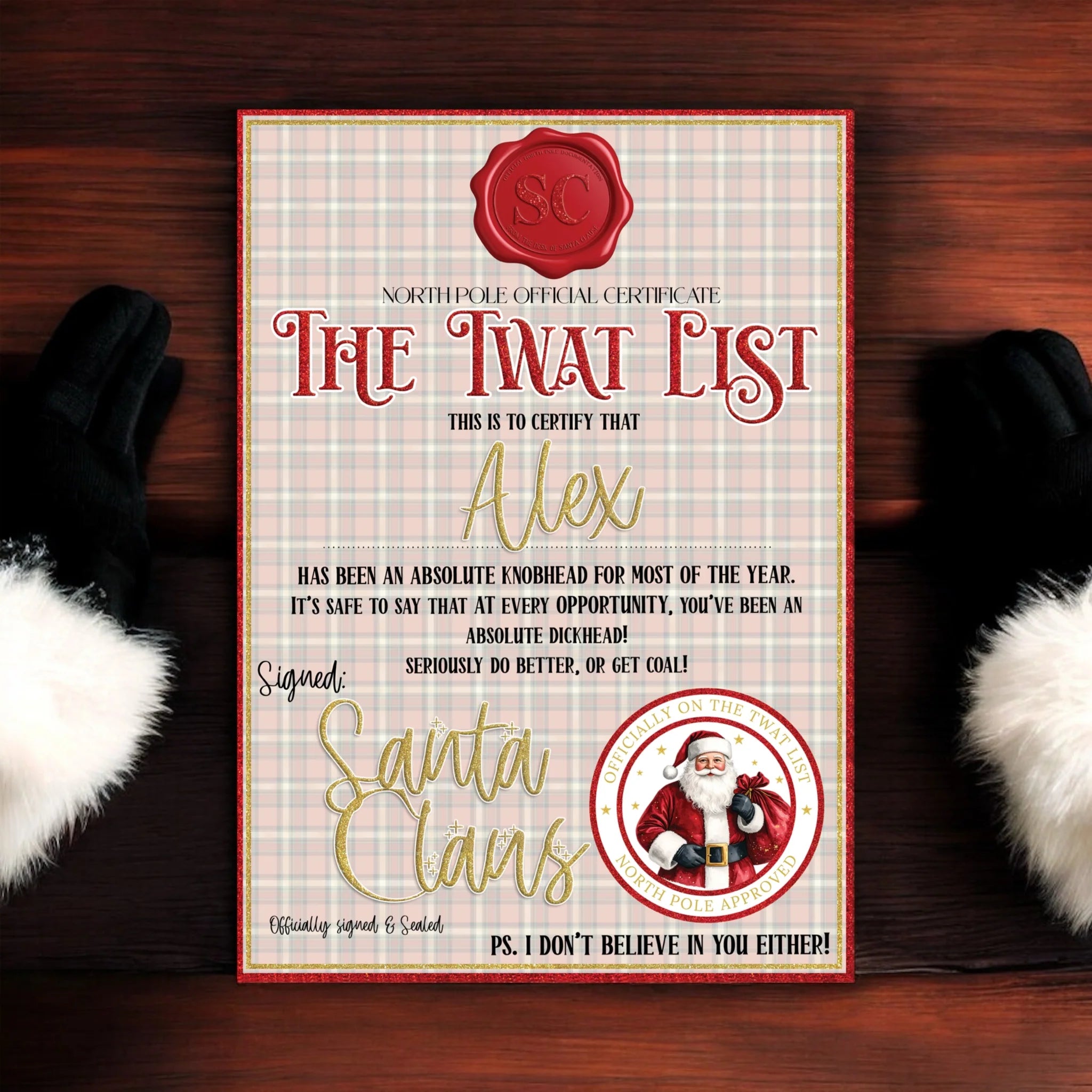 Personalised Tartan Tw@t List Certificate & Matching Envelope