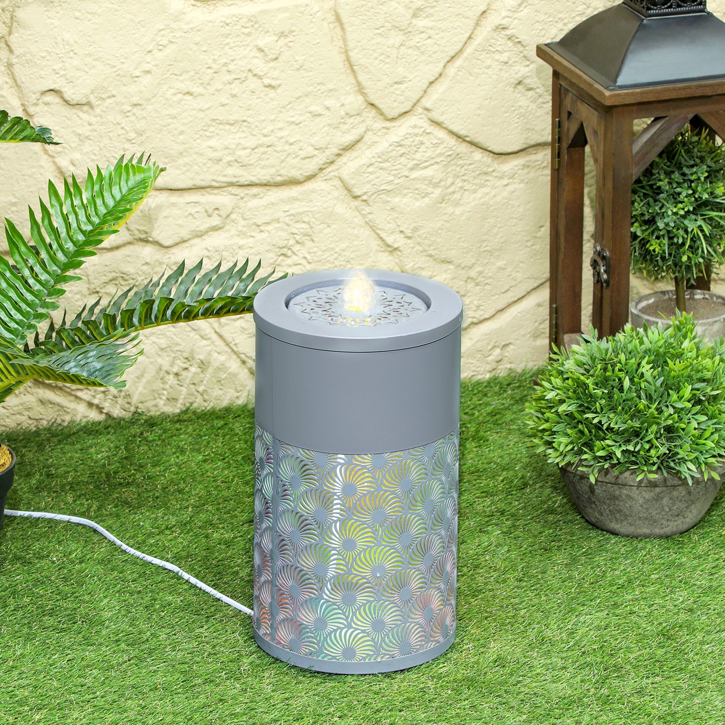 30cm Tall Waterfall Fountain with LED Lights and Pump, Adjustable Flow and Cut-out Design for Indoor & Outdoor use - Light Grey