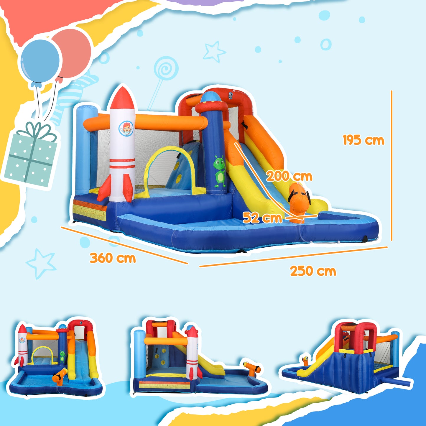 5 in 1 Bouncy Castle for Children with 550W Blower, Water Slide, Splash Pool, Jumping Area.