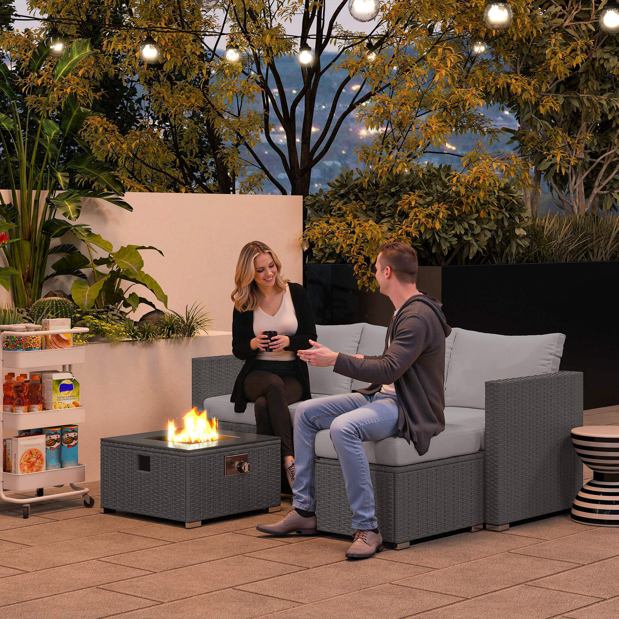 5 Piece Rattan Garden Furniture Set with Gas Fire Pit Table and Footstool - Grey