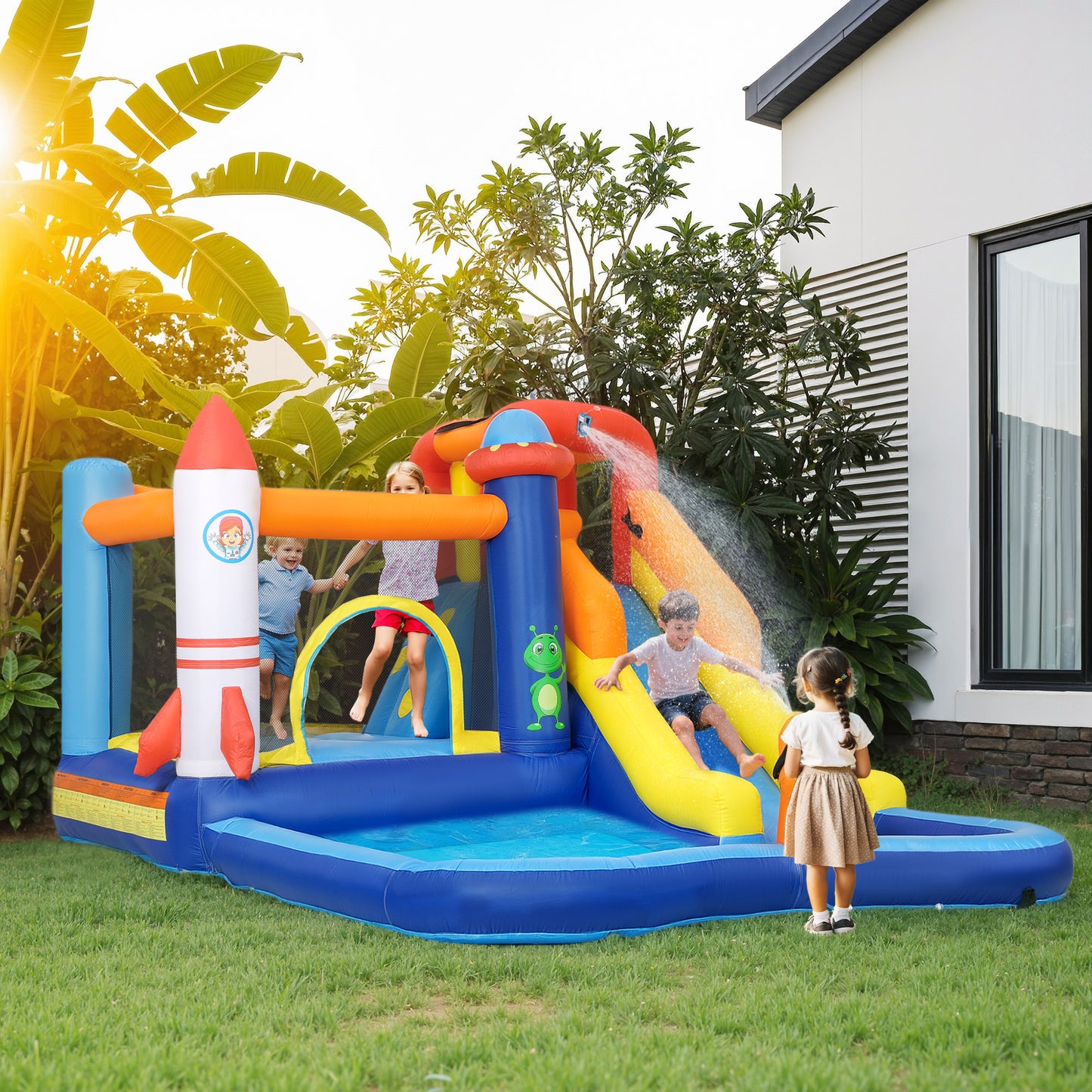 5 in 1 Bouncy Castle for Children with 550W Blower, Water Slide, Splash Pool, Jumping Area.