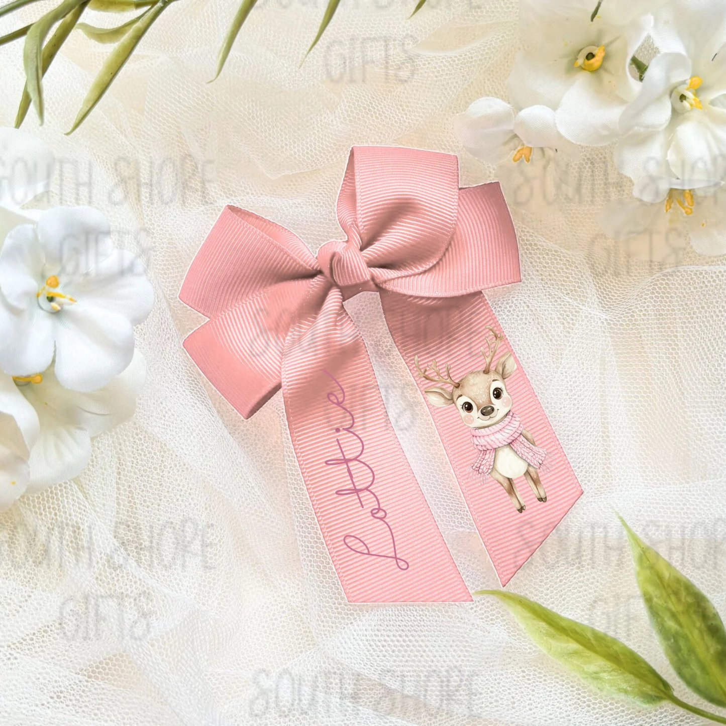 Hair Bow - Pink Reindeer - Personalised