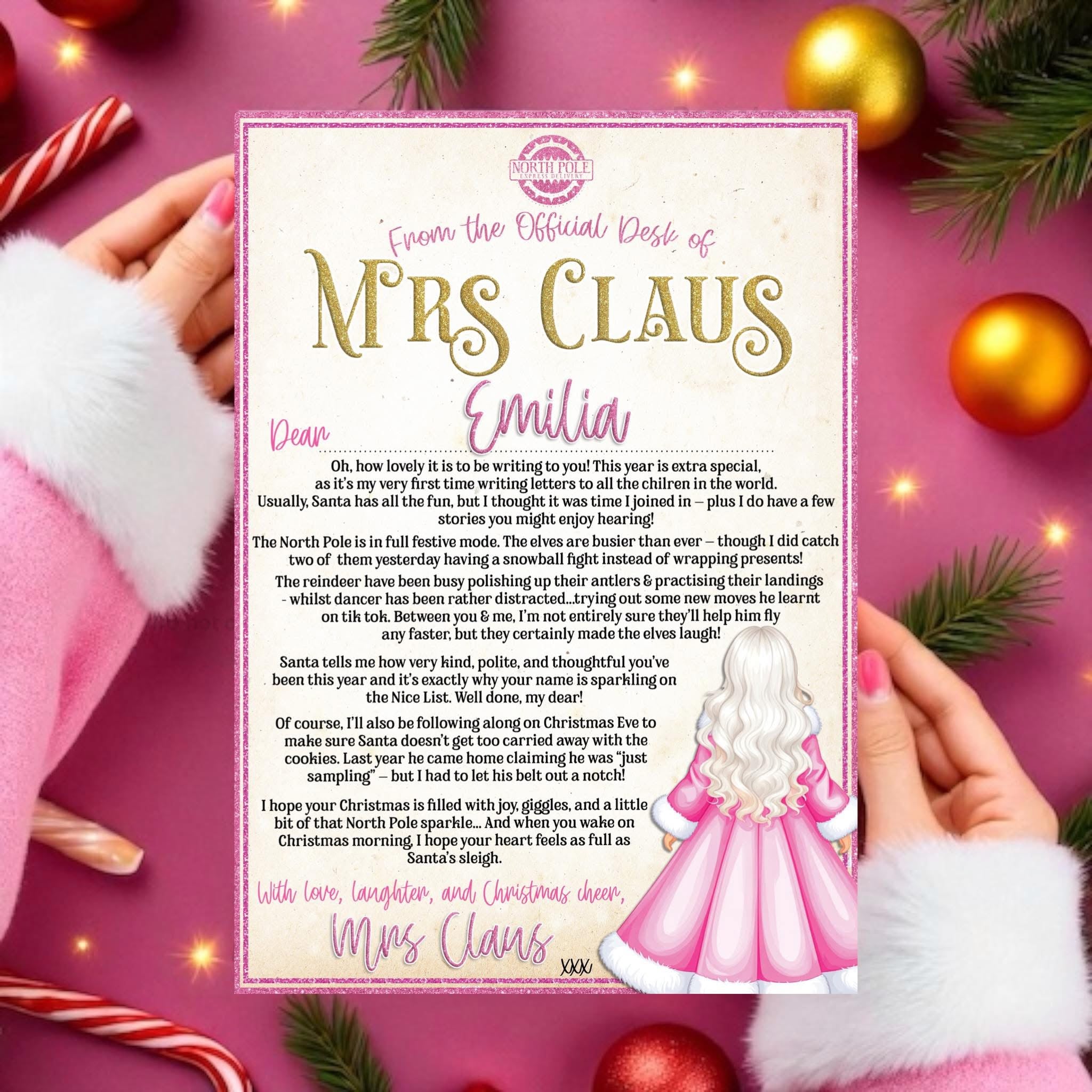 Personalised Letter from Mrs Claus & Matching Envelope – Pink Edition