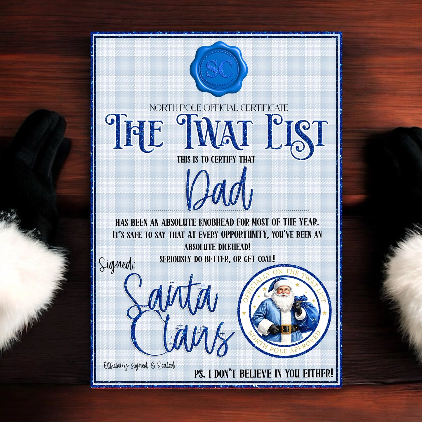 Personalised Blue Tw@t List Certificate & Matching Envelope