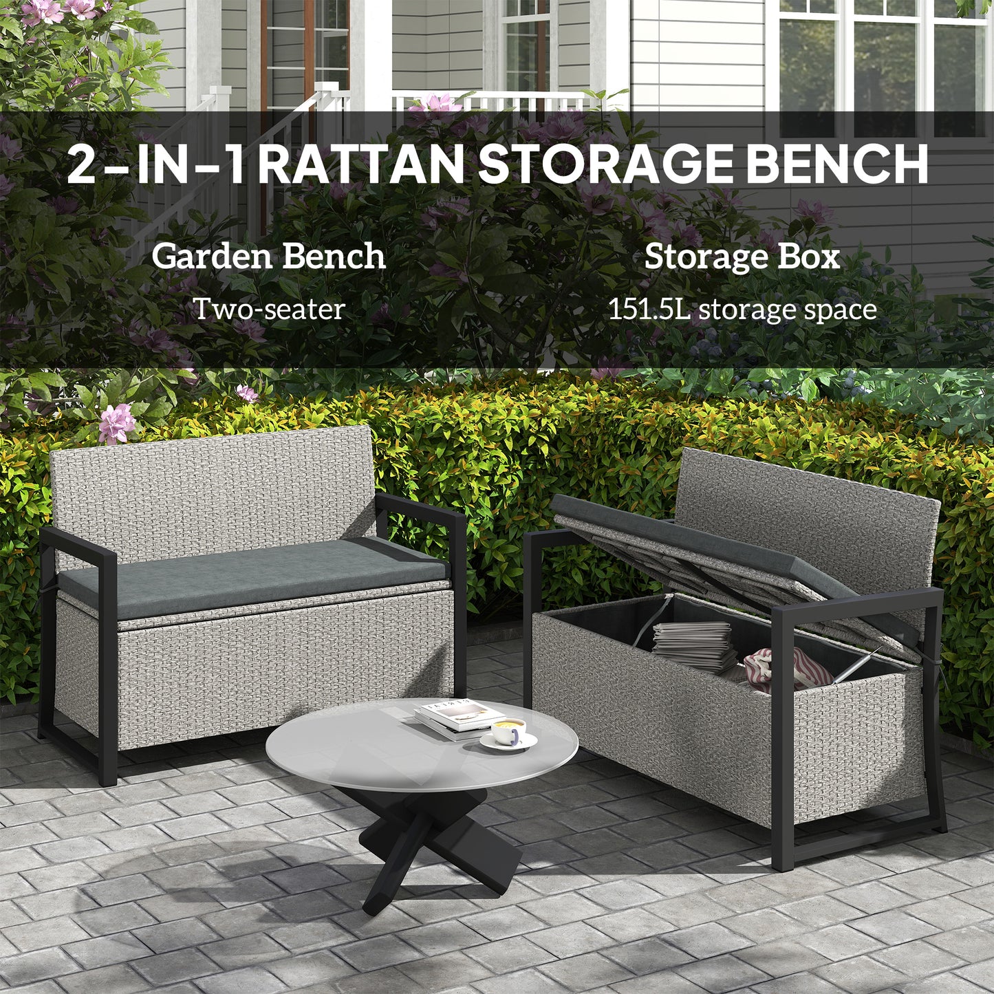 151.5L Storage Garden Bench, with Cushion - Grey