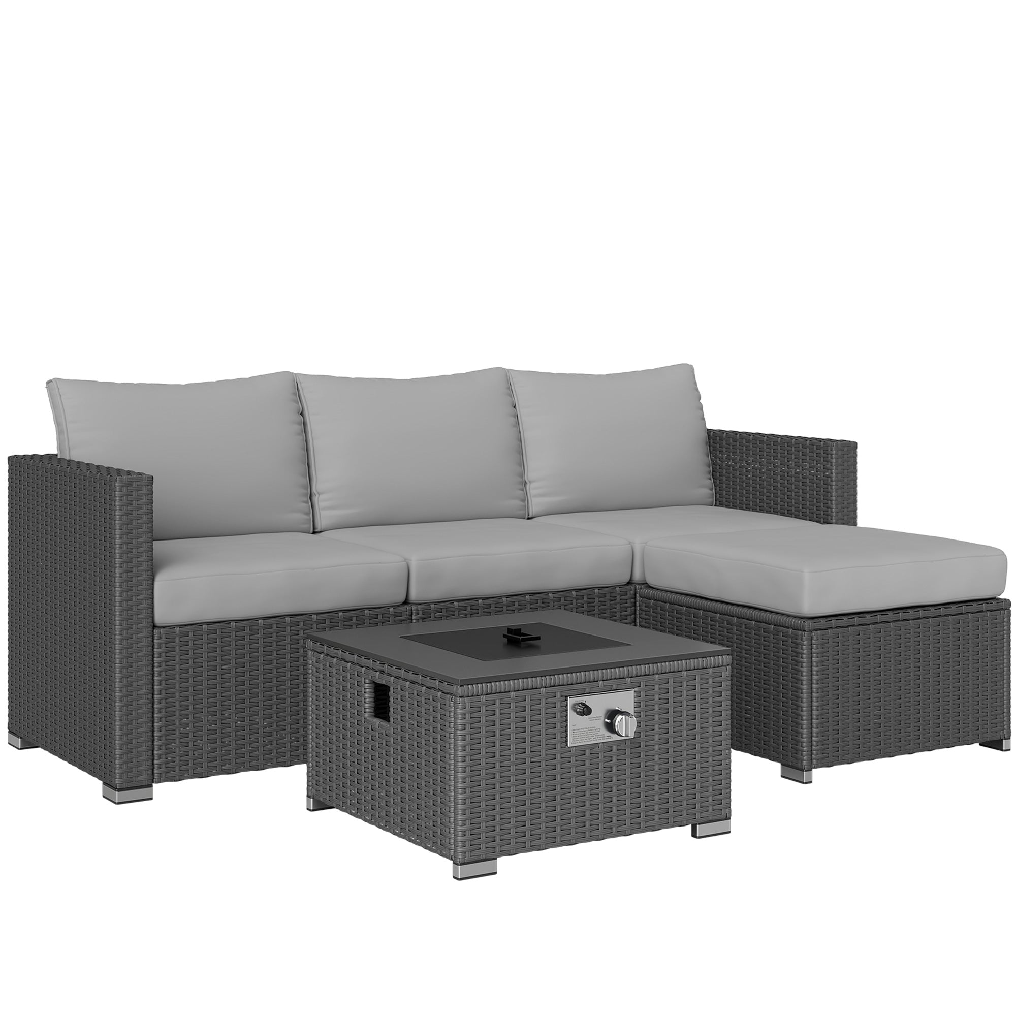 5 Piece Rattan Garden Furniture Set with Gas Fire Pit Table and Footstool - Grey