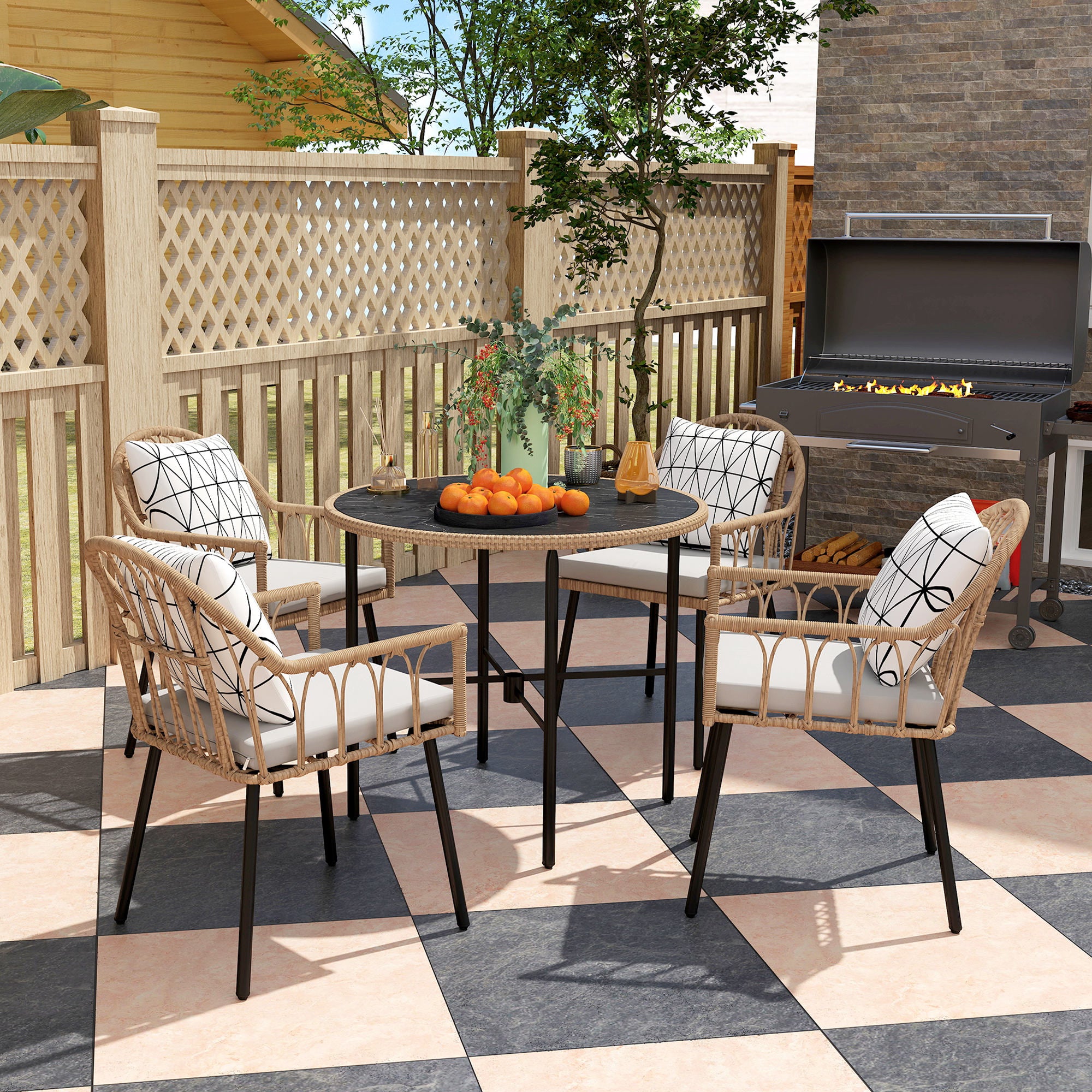 5 Piece Patio Rattan Dining Set, Wicker Garden Table and Chairs w/ Seat & Back Cushions, Round Tempered Glass Tabletop, Parasol Hole, Outdoor Furniture Conservatory Set, Light Brown