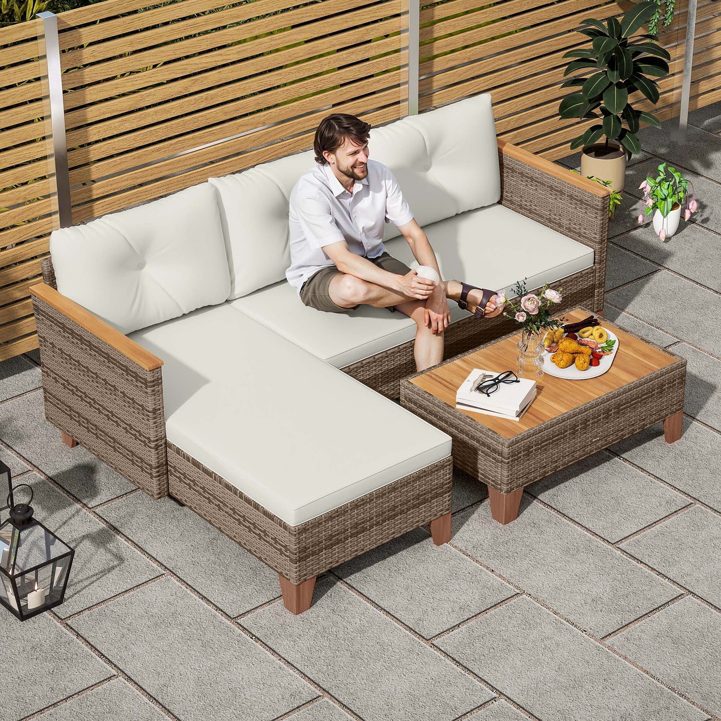 3 Pieces Rattan Garden Furniture Set, L Shaped Chaise with Wood Top Coffee Table and Thick Cushions