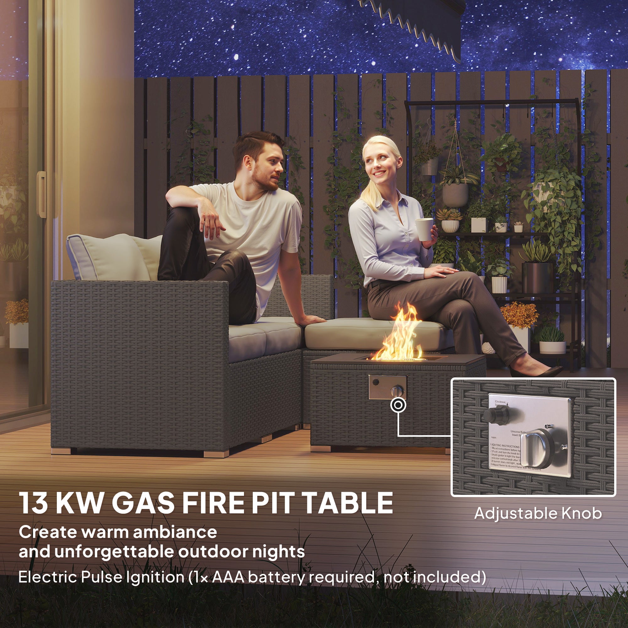 5 Piece Rattan Garden Furniture Set with Gas Fire Pit Table and Footstool - Grey