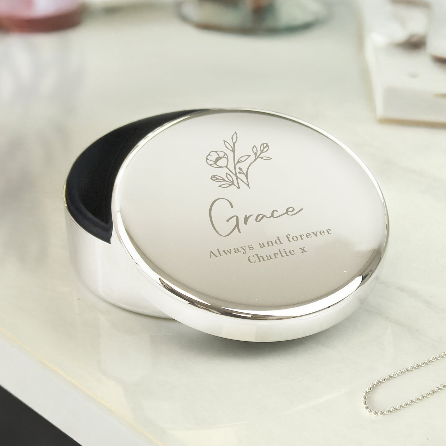 Personalised Floral Round Trinket Box