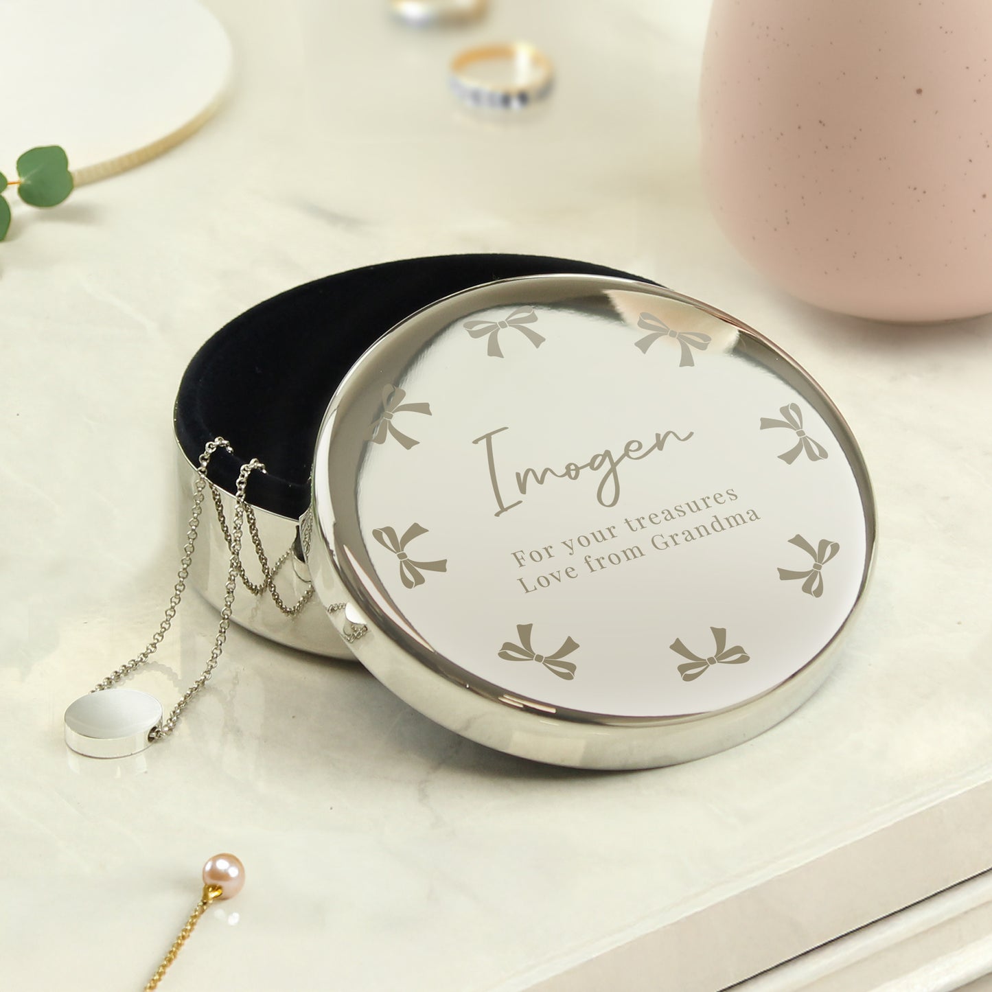 Personalised Bow Round Trinket Box