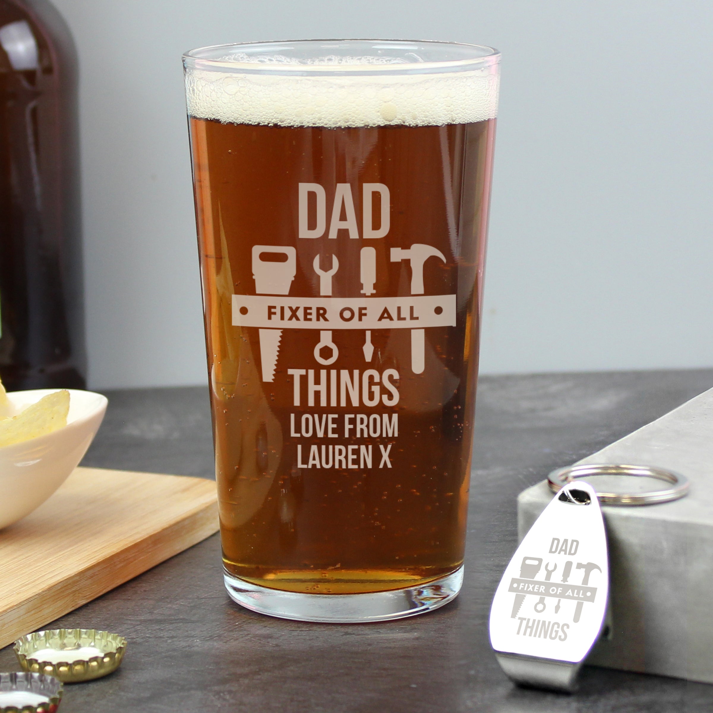 Personalised Fixer of All Things Pint Glass & Bottle Opener