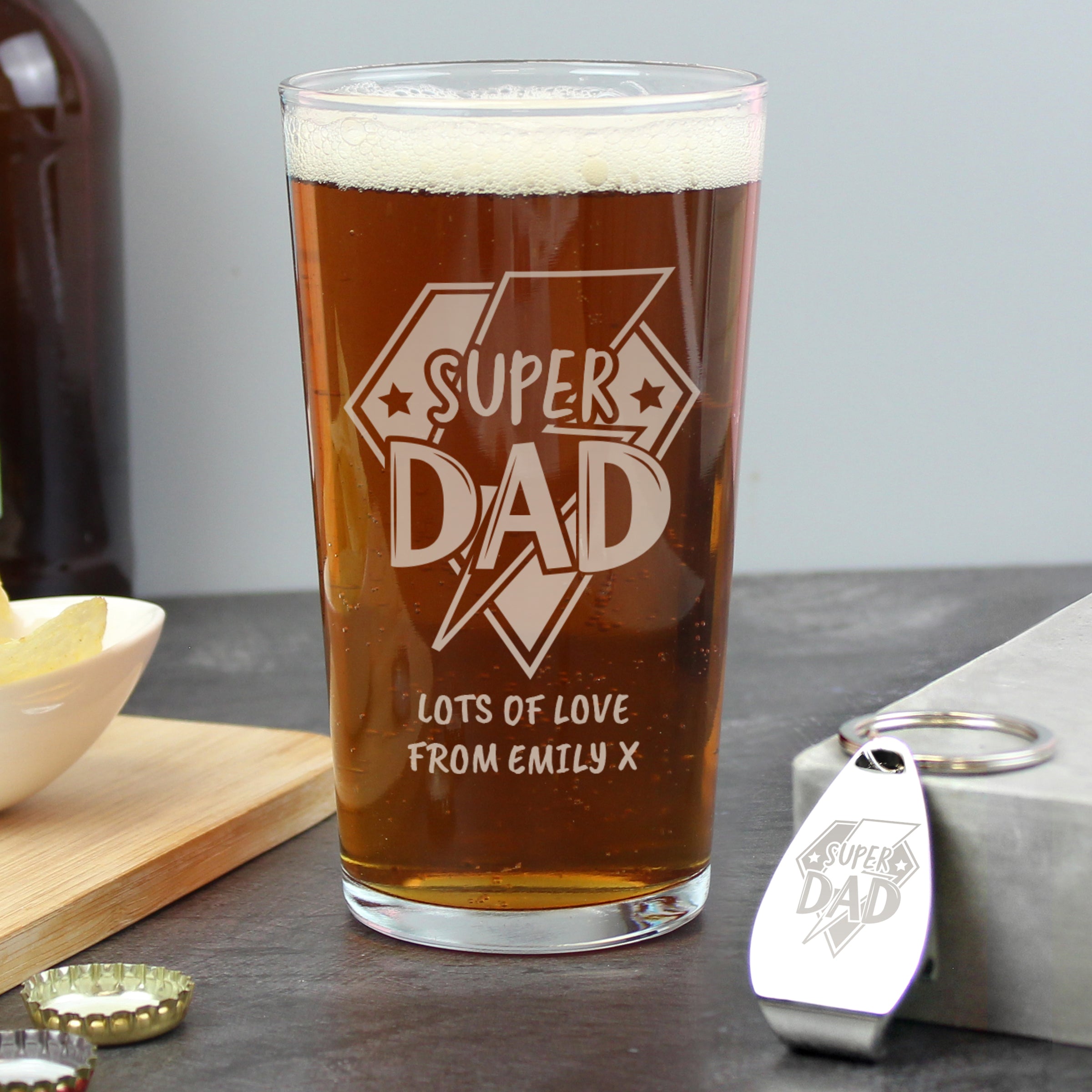Personalised Super Dad Pint Glass & Bottle Opener