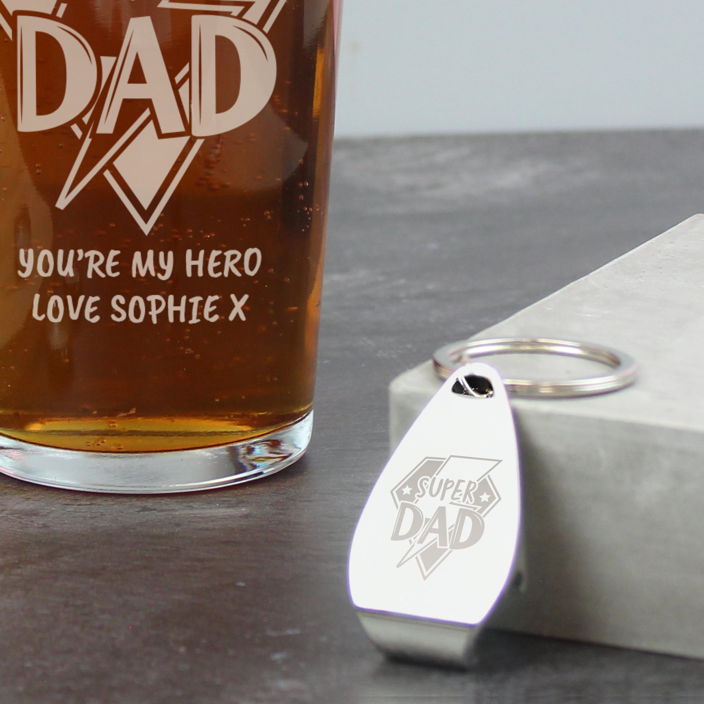 Personalised Super Dad Pint Glass & Bottle Opener