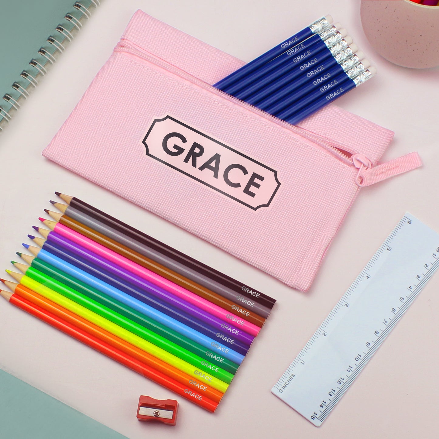 Pink Pencil Case with Personalised Pencils & Colouring Pencils