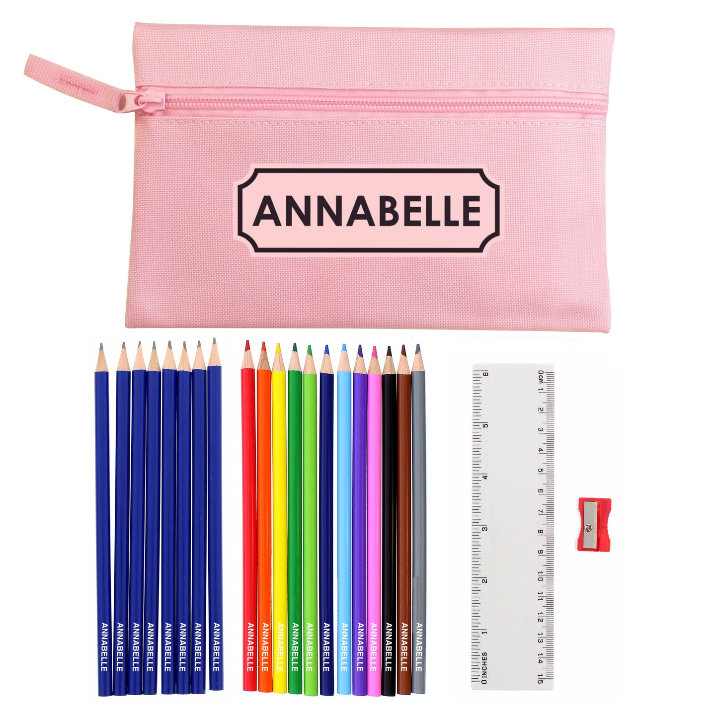 Pink Pencil Case with Personalised Pencils & Colouring Pencils