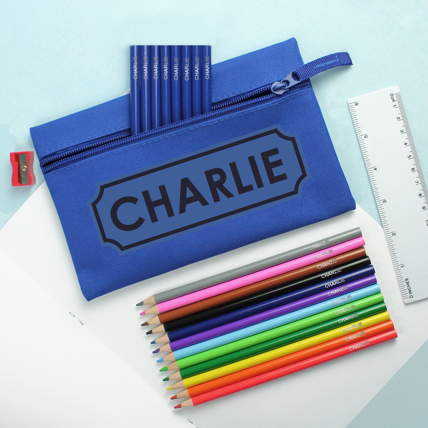 Blue Pencil Case with Personalised Pencils & Colouring Pencils