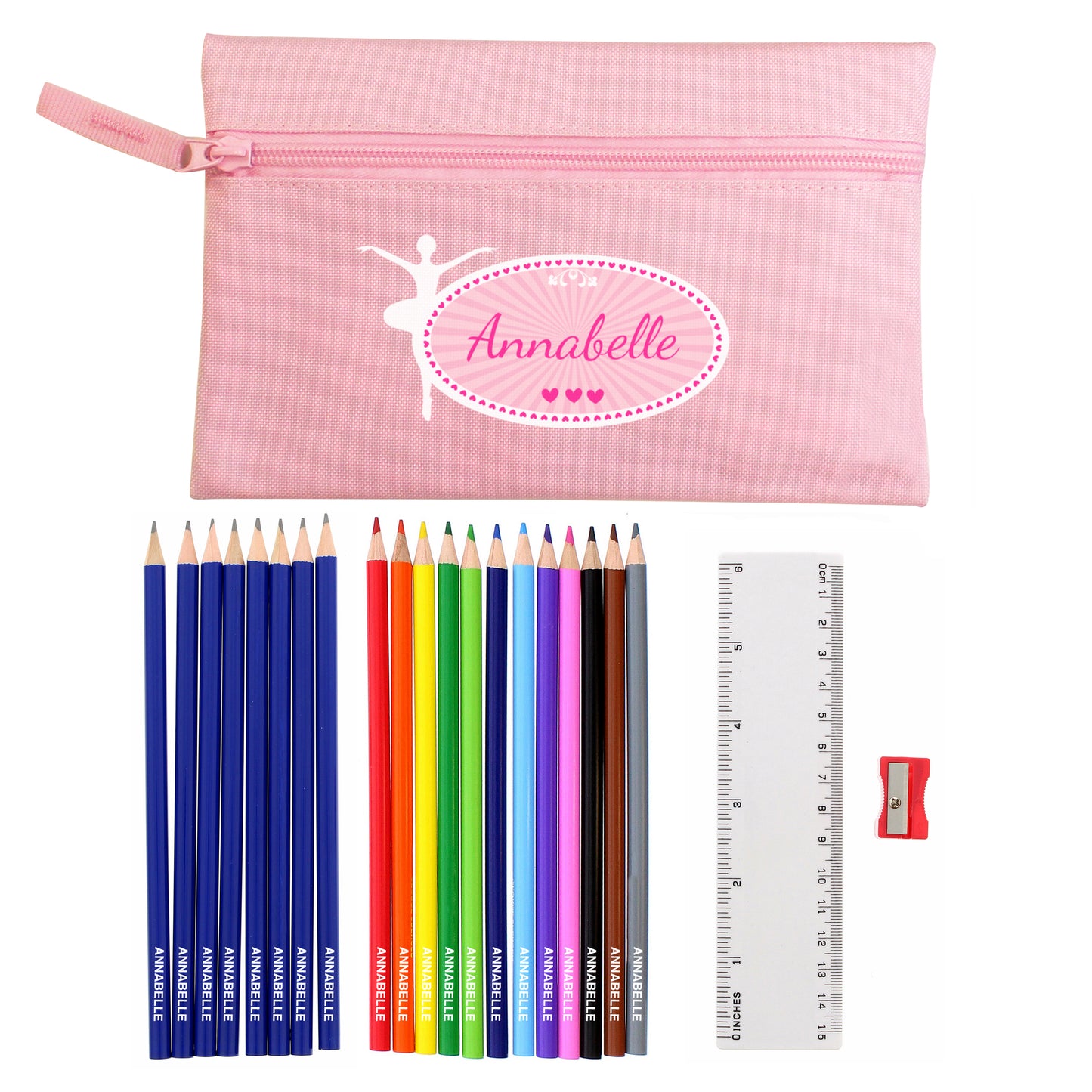 Pink Ballerina Pencil Case with Personalised Pencils & Colouring Pencils