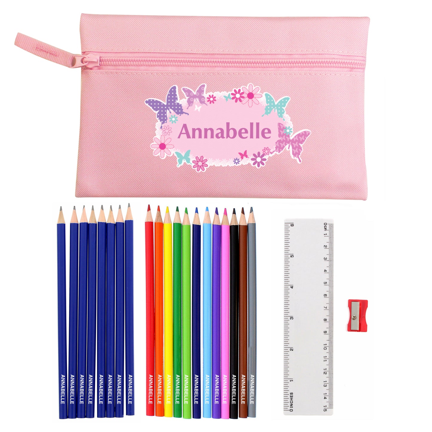 Pink Butterfly Pencil Case with Personalised Pencils & Colouring Pencils