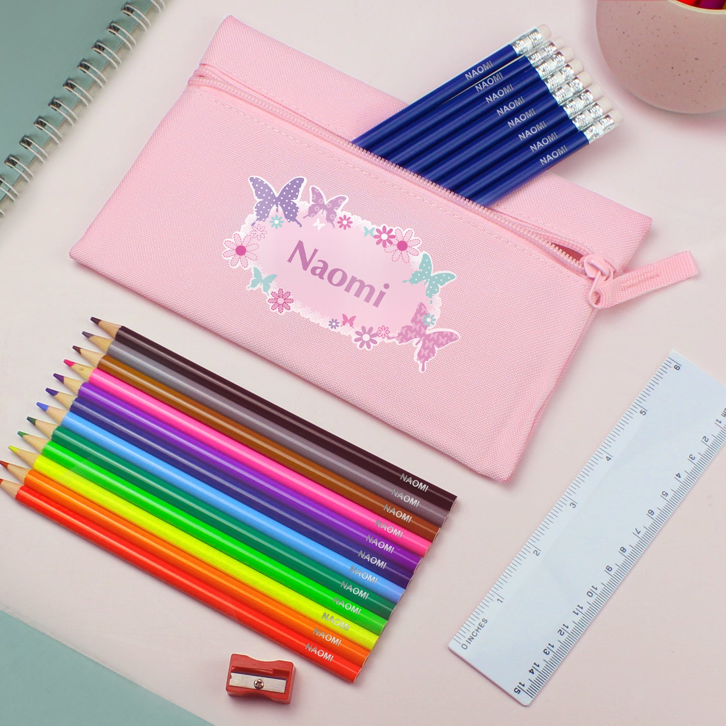 Pink Butterfly Pencil Case with Personalised Pencils & Colouring Pencils