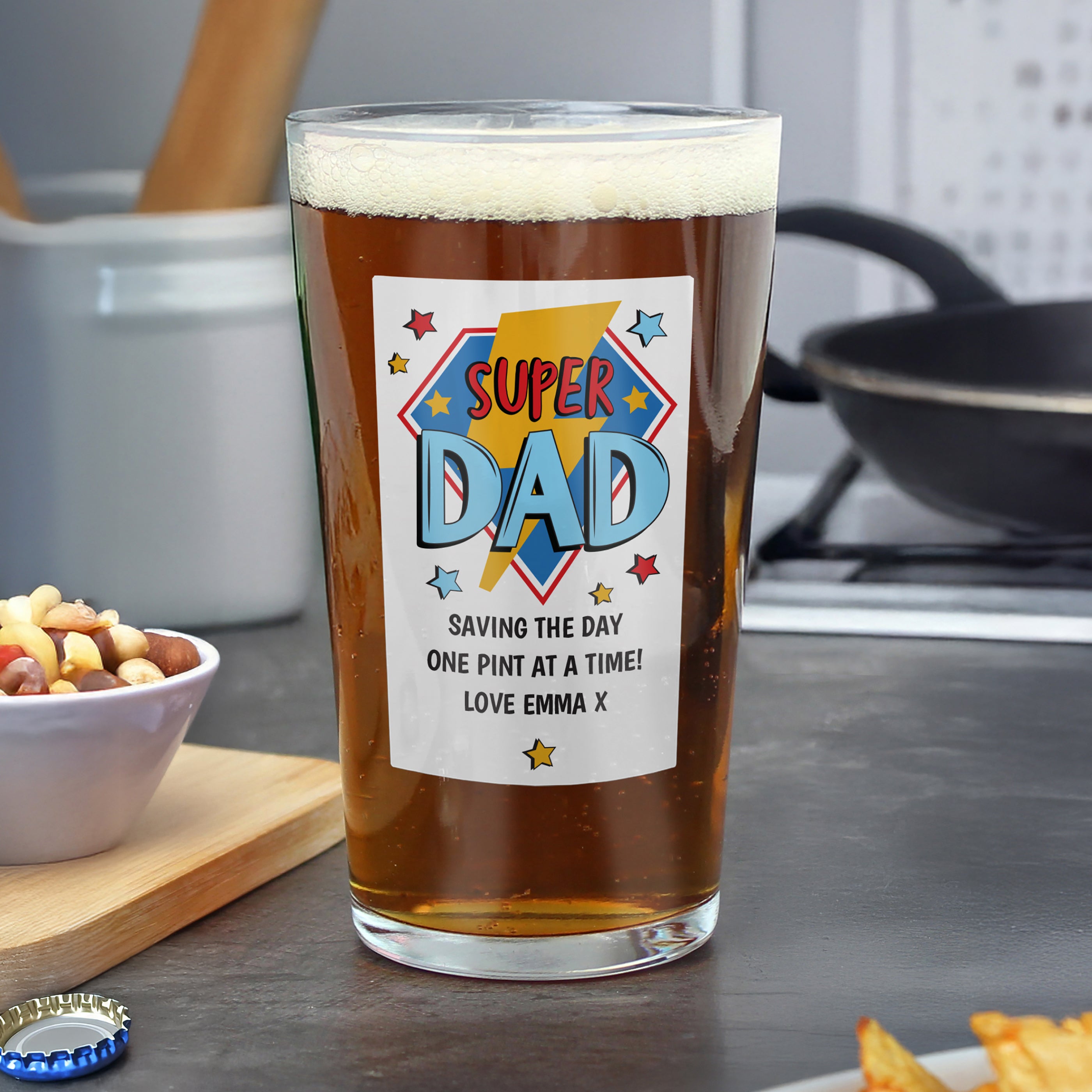 Personalised Super Dad Printed Beer Glass