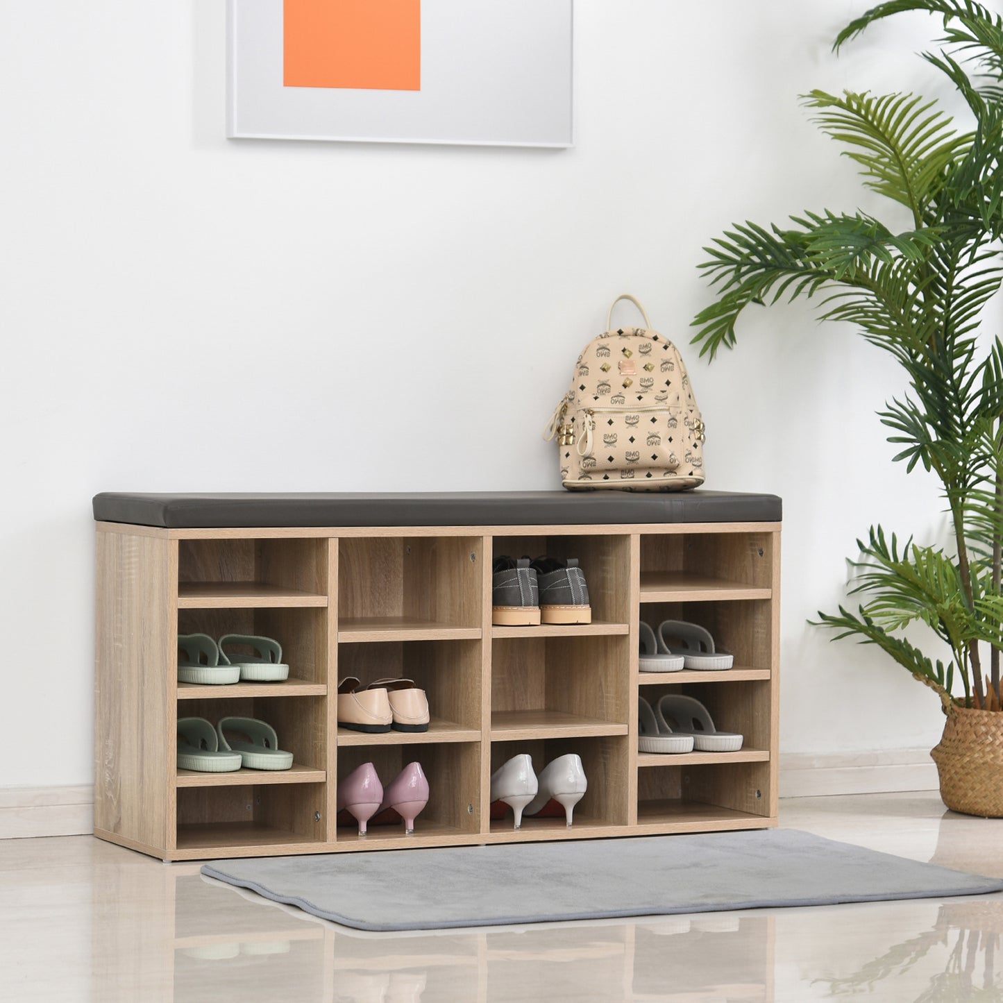 Multi-Storage Shoe Rack w/ 14 Compartments & Cushion
