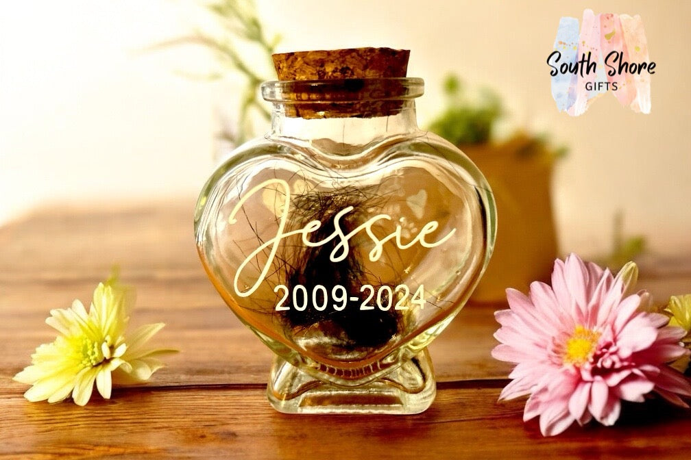 Pet Memorial - Heart Shaped Glass Jar With Cord Lid