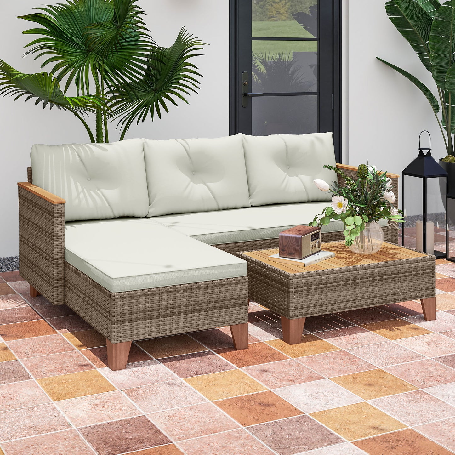 3 Pieces Rattan Garden Furniture Set, L Shaped Chaise with Wood Top Coffee Table and Thick Cushions
