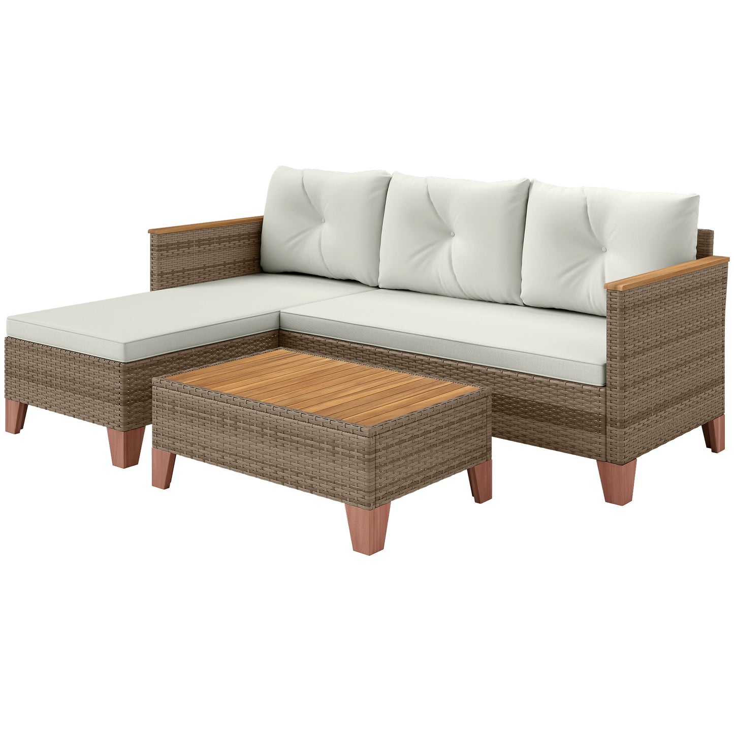 3 Pieces Rattan Garden Furniture Set, L Shaped Chaise with Wood Top Coffee Table and Thick Cushions