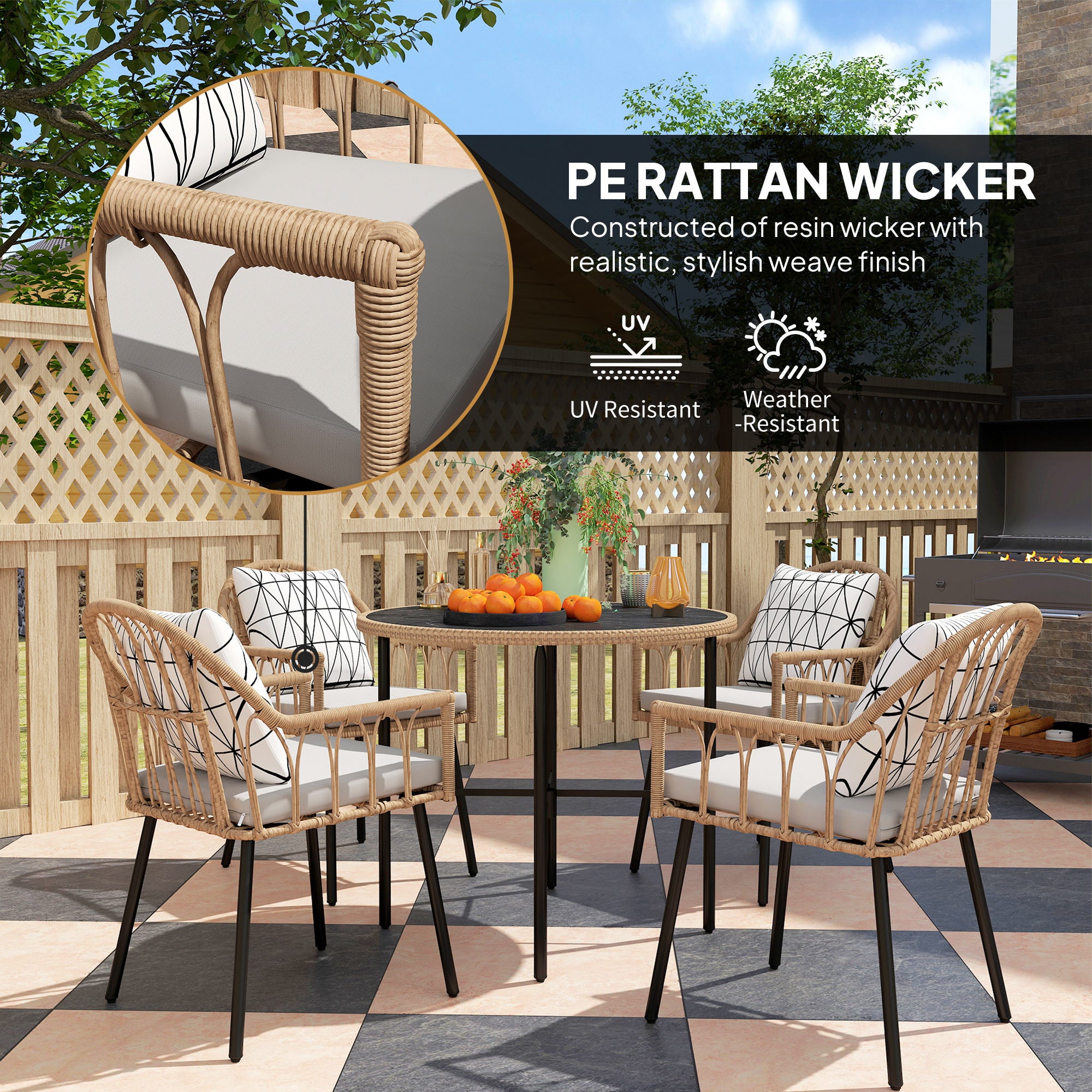 5 Piece Patio Rattan Dining Set, Wicker Garden Table and Chairs w/ Seat & Back Cushions, Round Tempered Glass Tabletop, Parasol Hole, Outdoor Furniture Conservatory Set, Light Brown